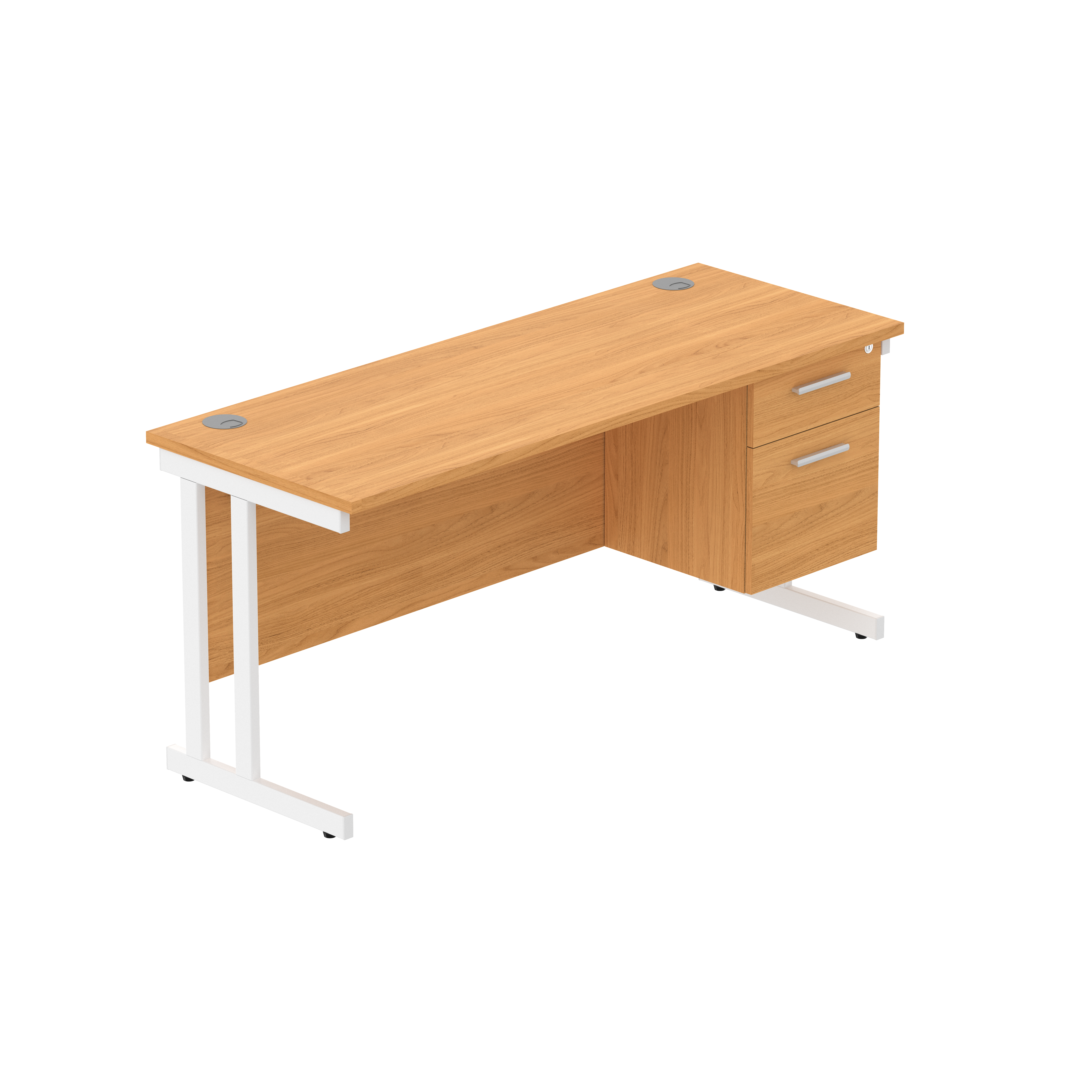Office Rectangular Desk with Steel Double Upright Cantilever Legs + 2 Drawer Fixed Pedestal (FSC) | 1600X600 | Norwegian Beech/White