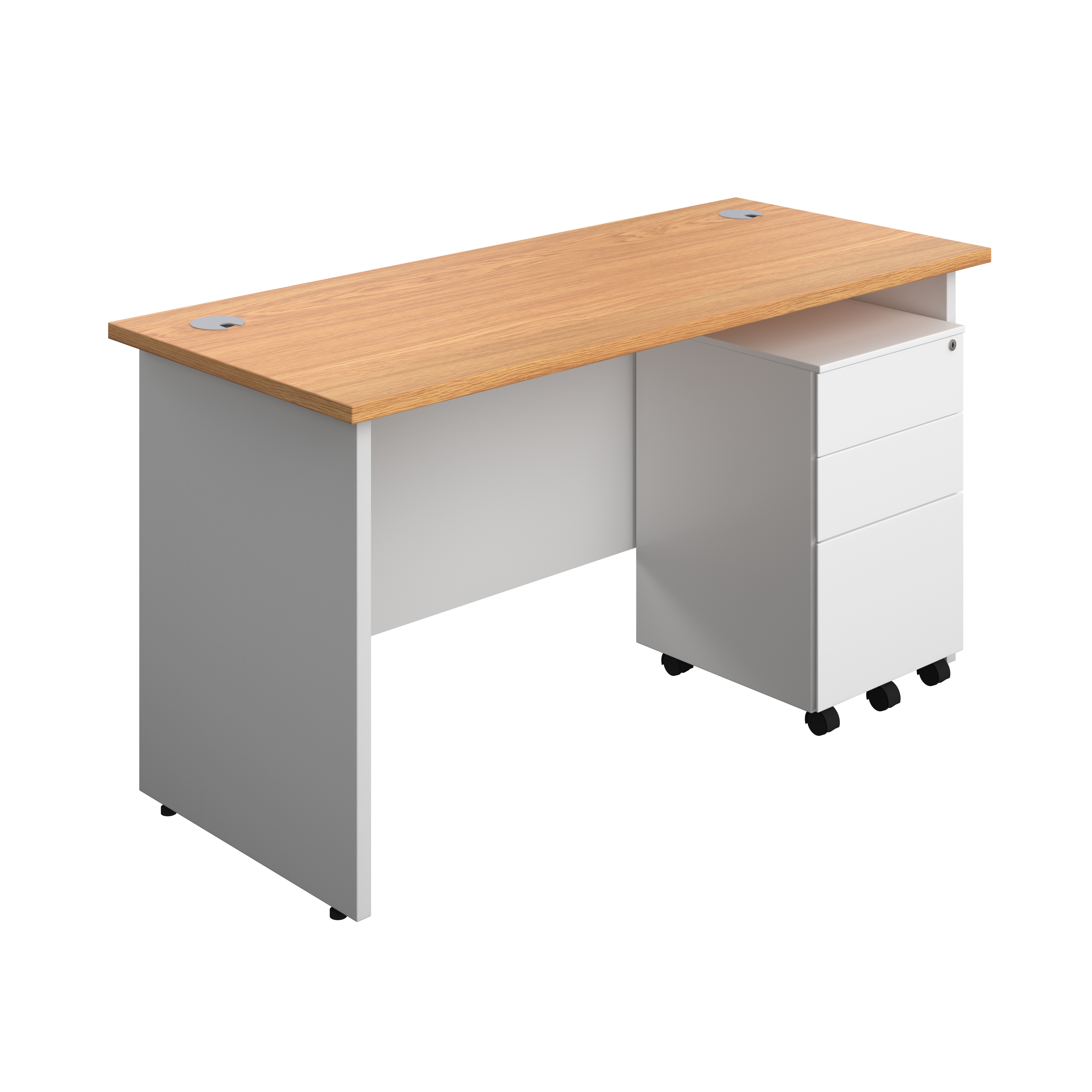 Panel Plus Rectangular Desk + 3 Drawer Steel Pedestal Bundle (FSC) | 1400X600 | Nova Oak/White
