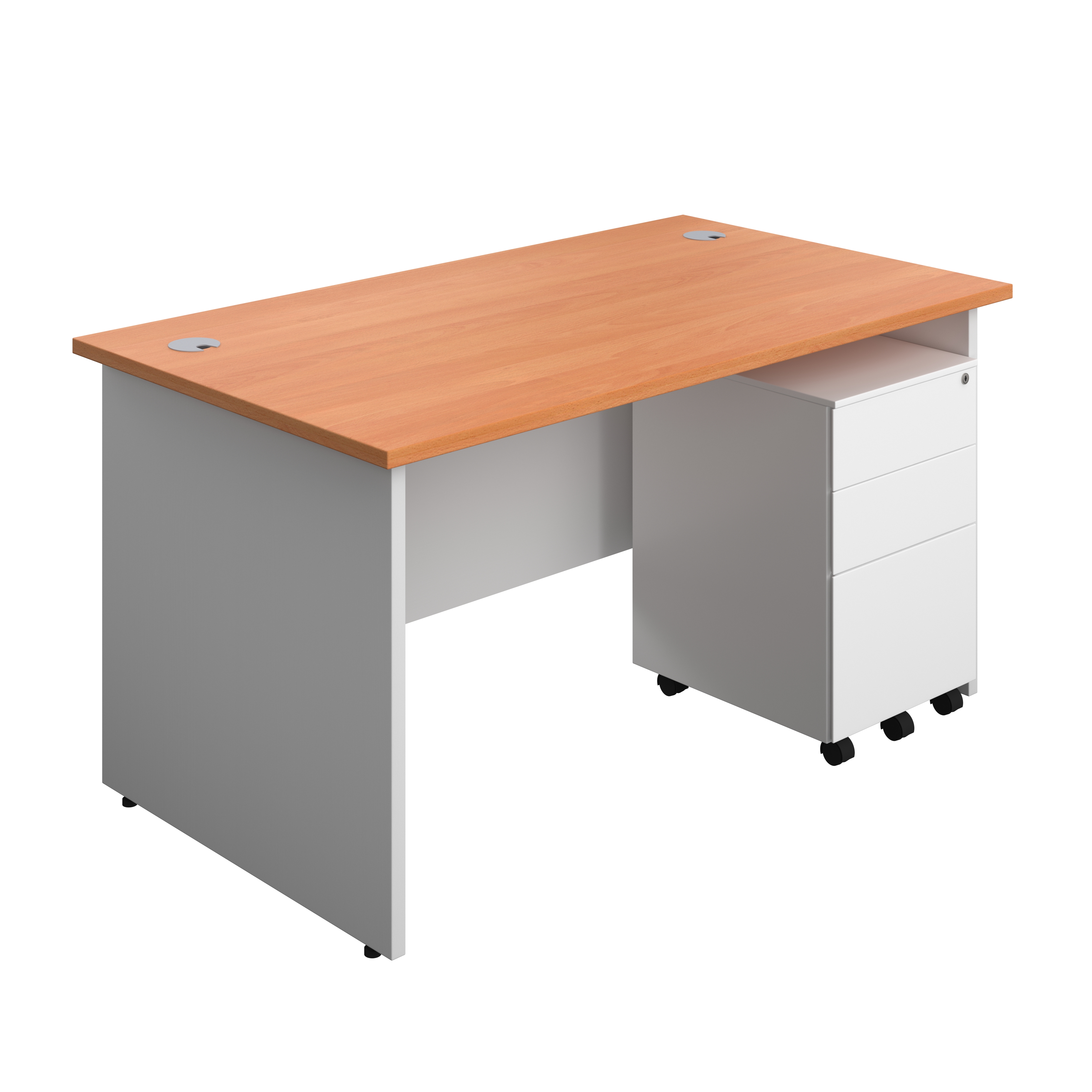 Panel Plus Rectangular Desk + 3 Drawer Steel Pedestal Bundle (FSC) | 1400X800 | Beech/White