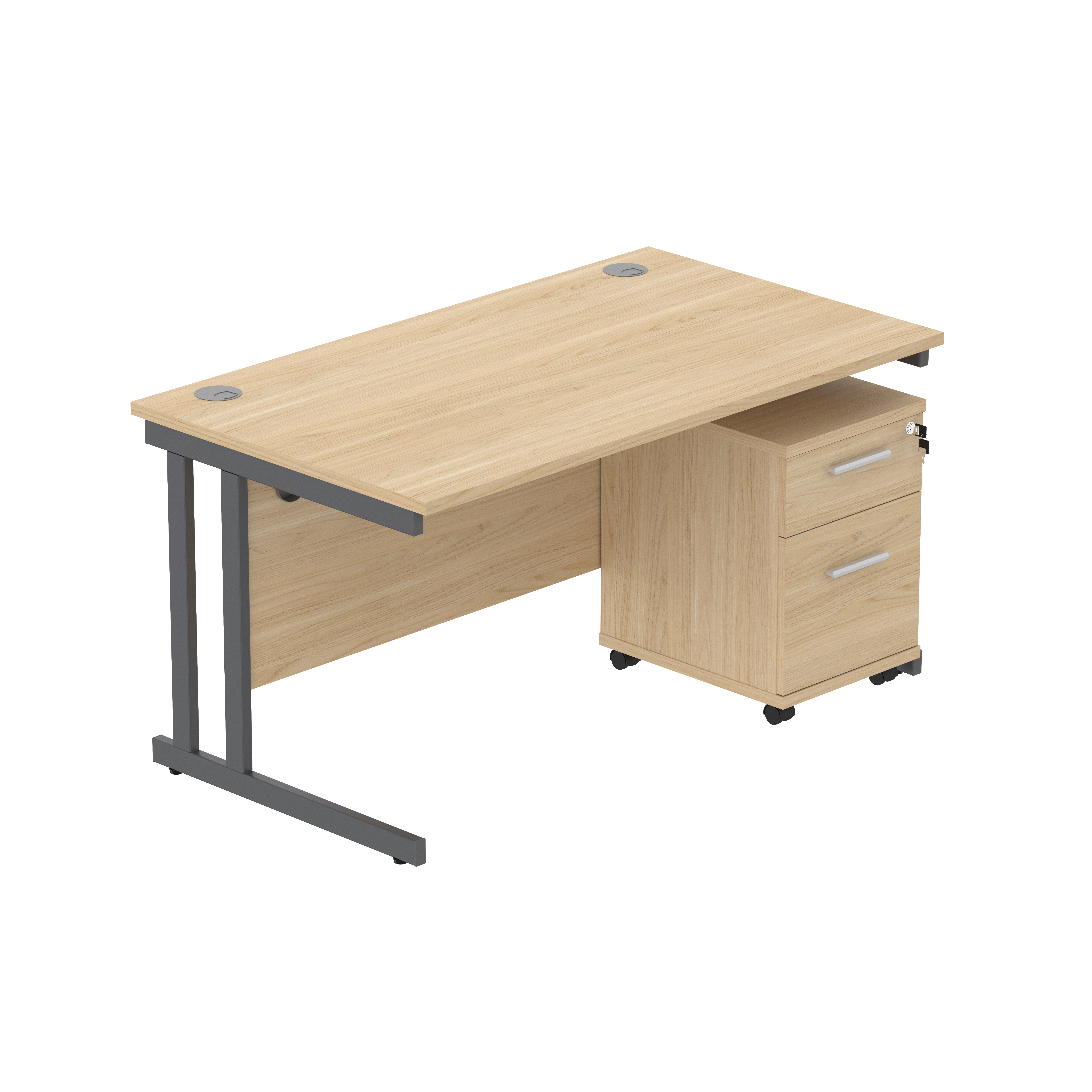 Double Upright Rectangular Desk + 2 Drawer Mobile Under Desk Pedestal (FSC) | 1400X800 | Canadian Oak/Graphite thumbnail 2