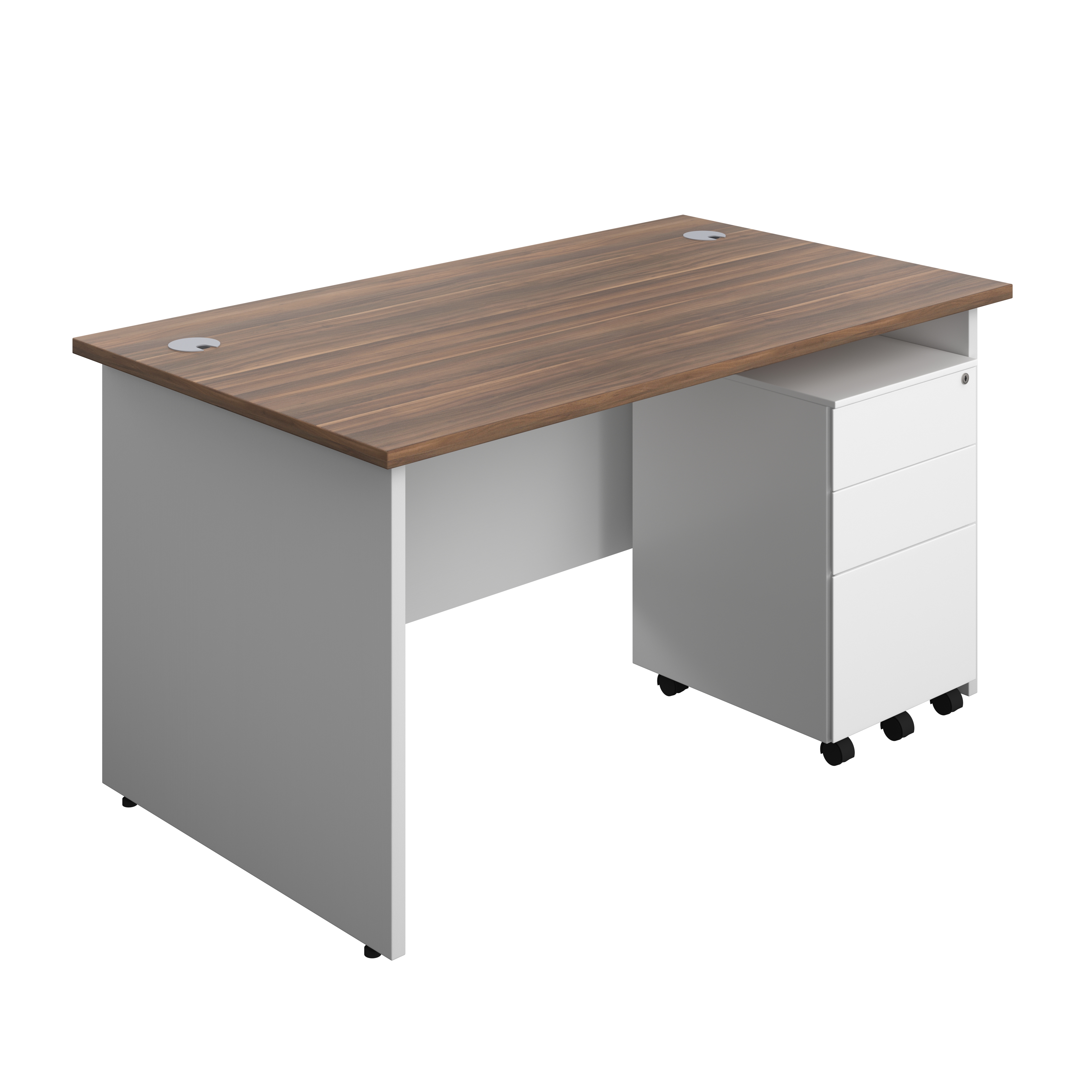 Panel Plus Rectangular Desk + 3 Drawer Steel Pedestal Bundle (FSC) | 1400X800 | Dark Walnut/White