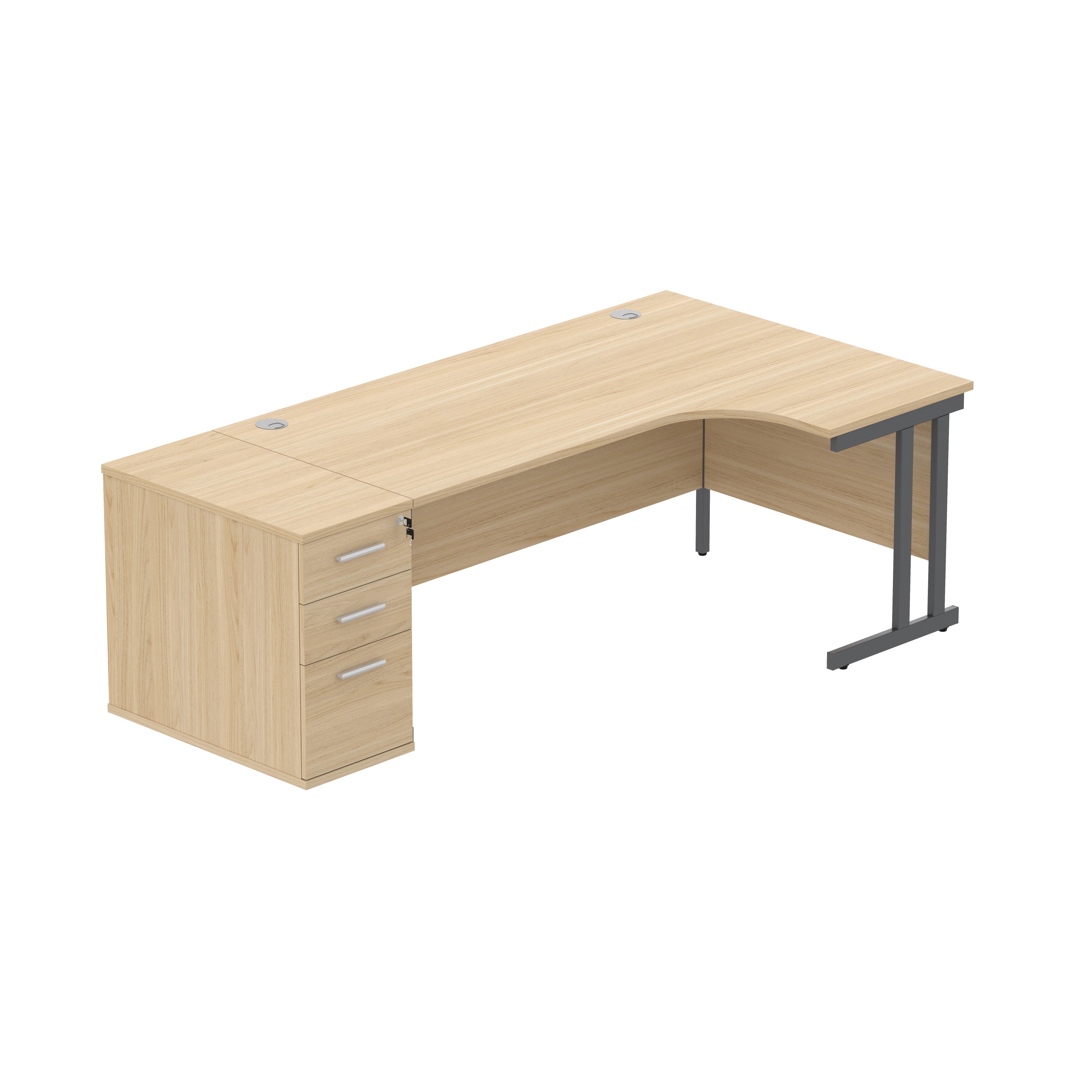 Double Upright Right Hand Radial Desk + Desk High Pedestal (FSC) | 600mm Deep Pedestal | 1800X1200 | Canadian Oak/Graphite