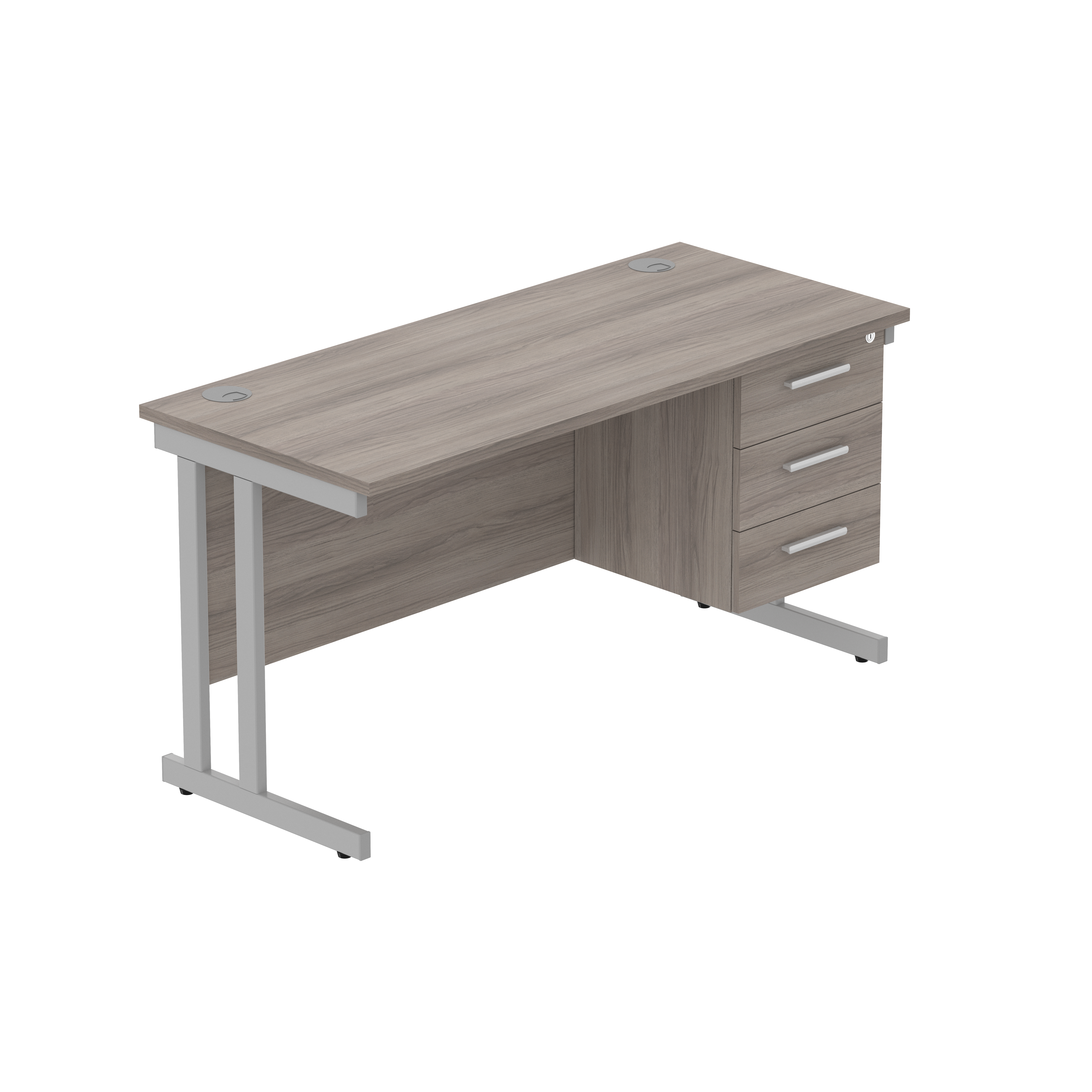 Office Rectangular Desk with Steel Double Upright Cantilever Legs + 3 Drawer Fixed Pedestal (FSC) | 1400X600 | Alaskan Grey Oak/Silver
