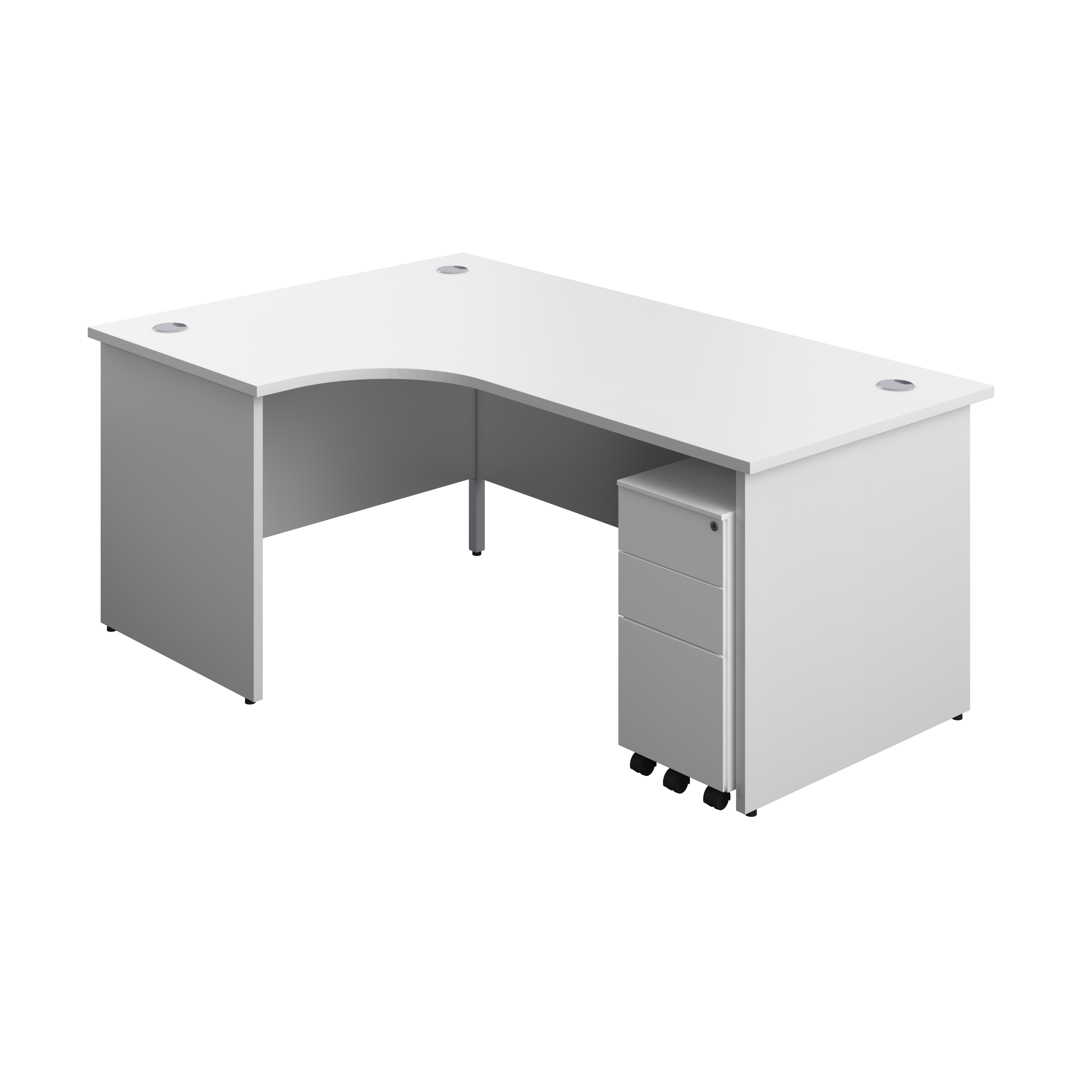 Panel Left Hand Radial Desk + 3 Drawer Slimline Steel Mobile Pedestal Bundle (FSC) | 1800X1200 | White/White