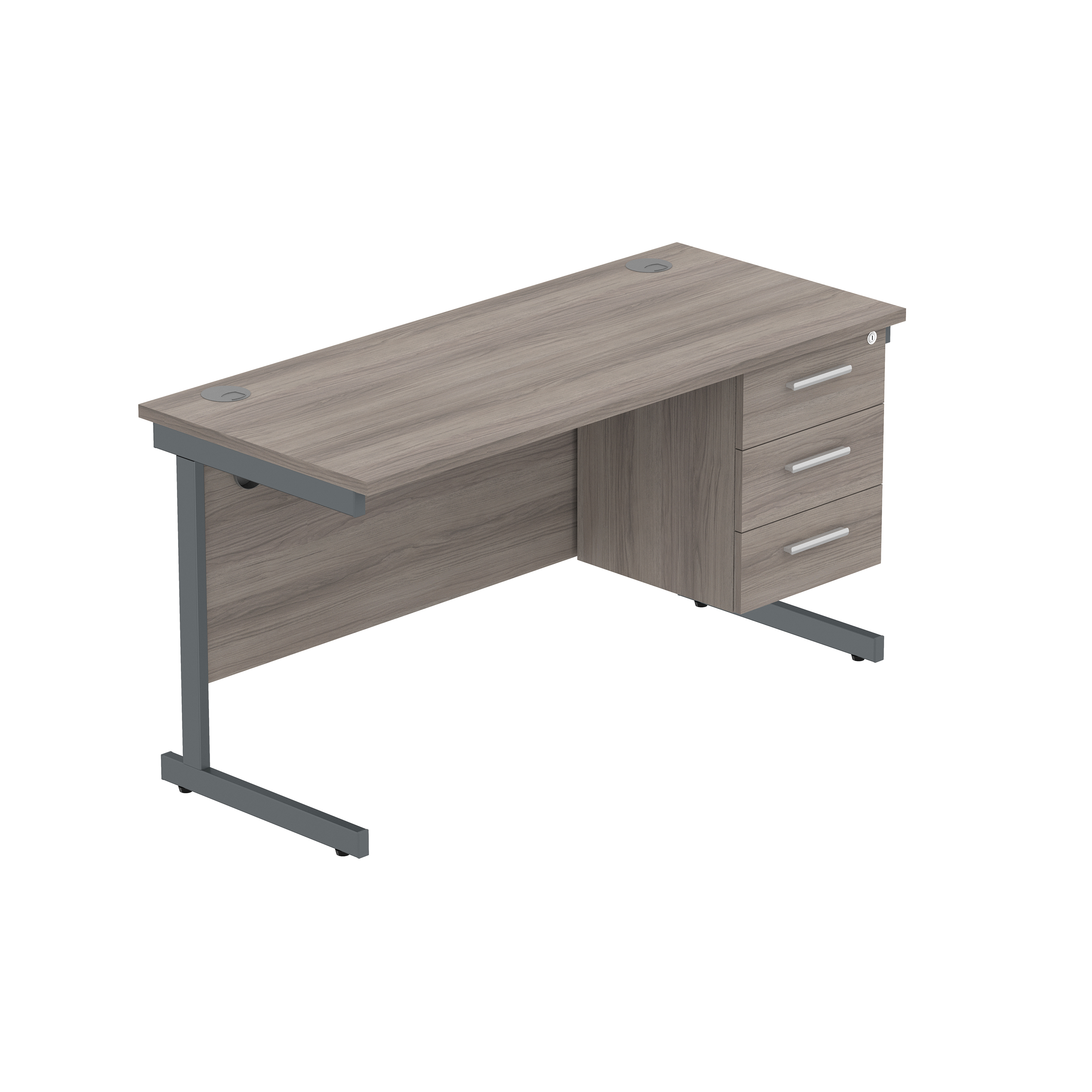 Office Rectangular Desk with Steel Single Upright Cantilever Legs + 3 Drawer Fixed Pedestal (FSC) | 1400X600 | Alaskan Grey Oak/Graphite