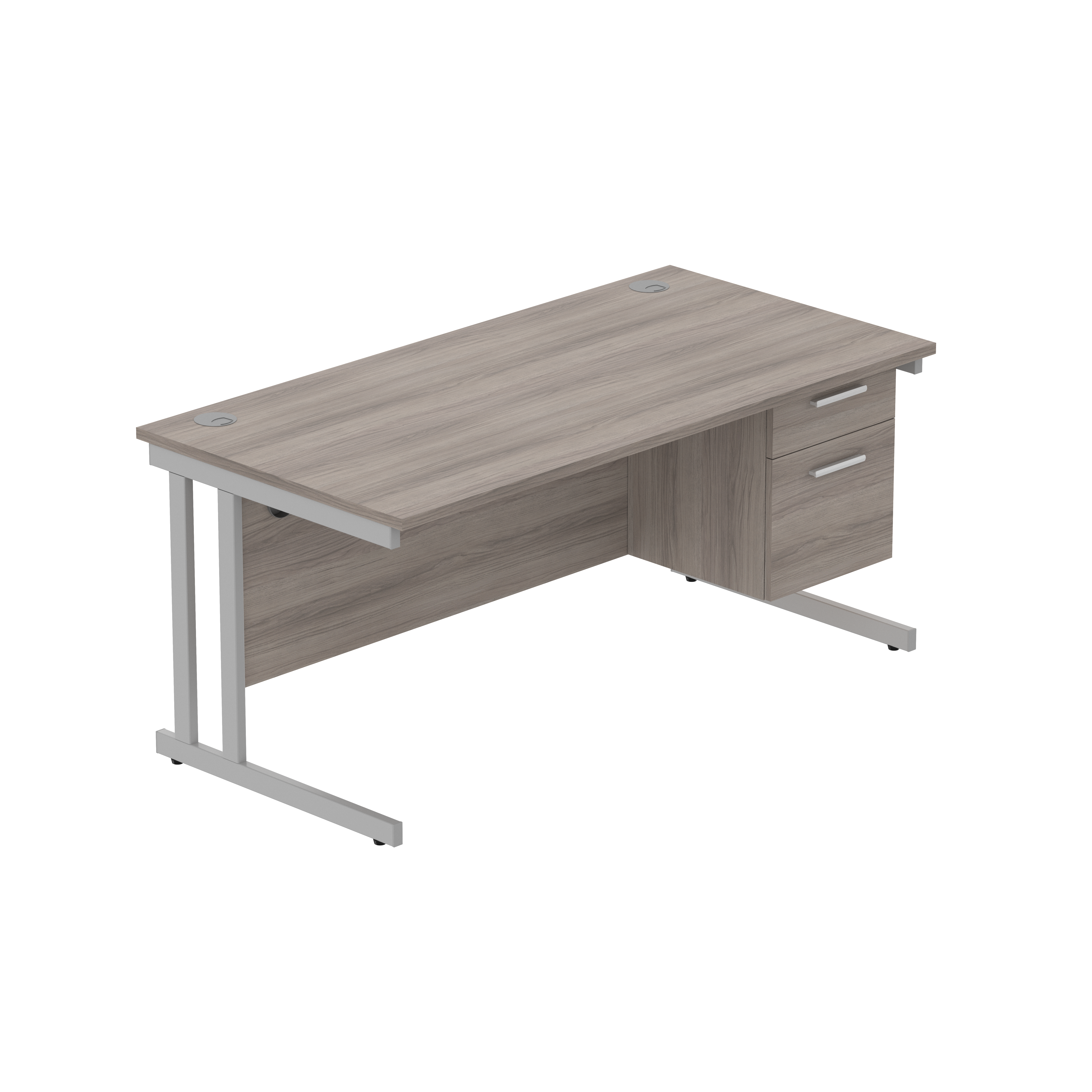 Office Rectangular Desk with Steel Double Upright Cantilever Legs + 2 Drawer Fixed Pedestal (FSC) | 1600X800 | Alaskan Grey Oak/Silver thumbnail 2