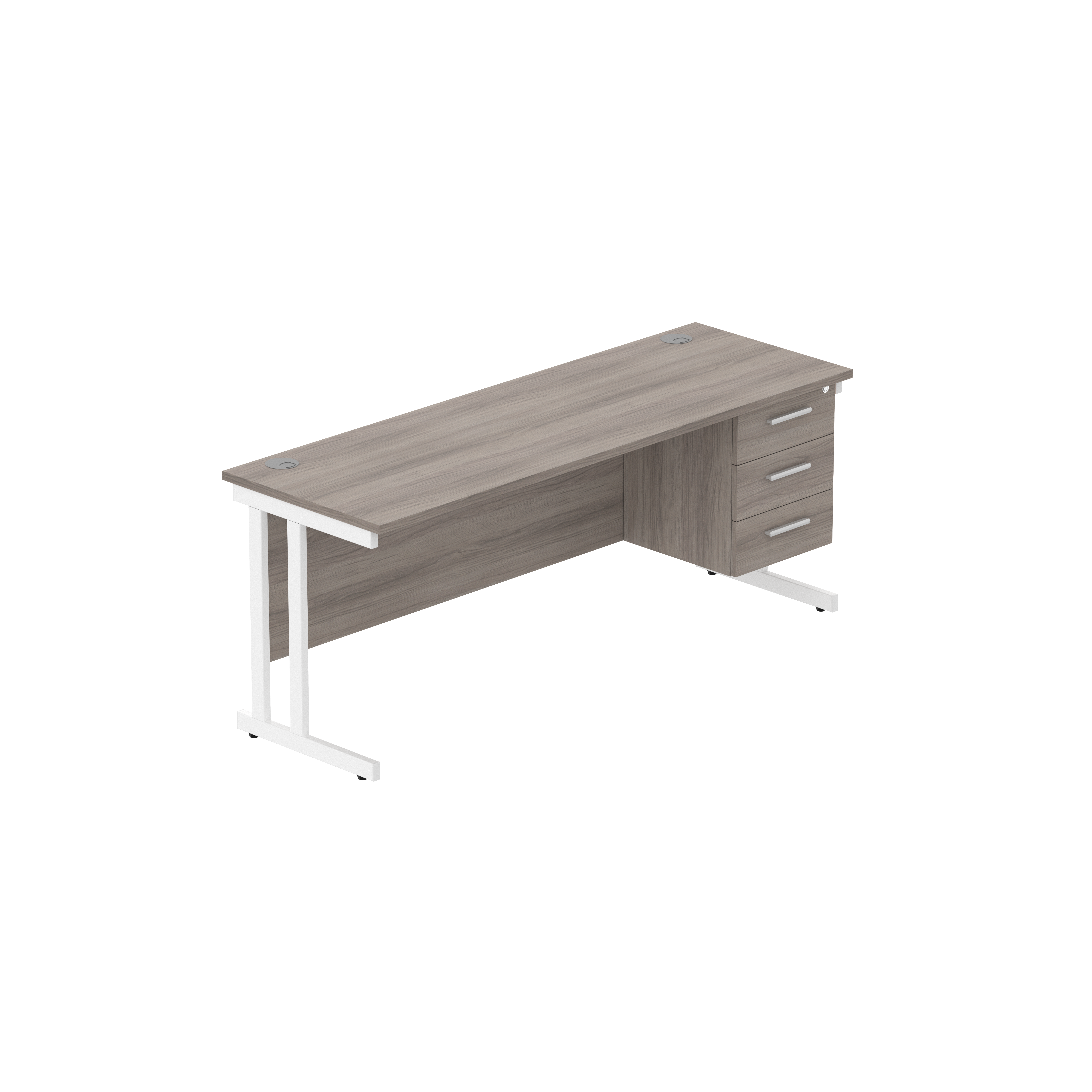 Office Rectangular Desk with Steel Double Upright Cantilever Legs + 3 Drawer Fixed Pedestal (FSC) | 1800X600 | Alaskan Grey Oak/White
