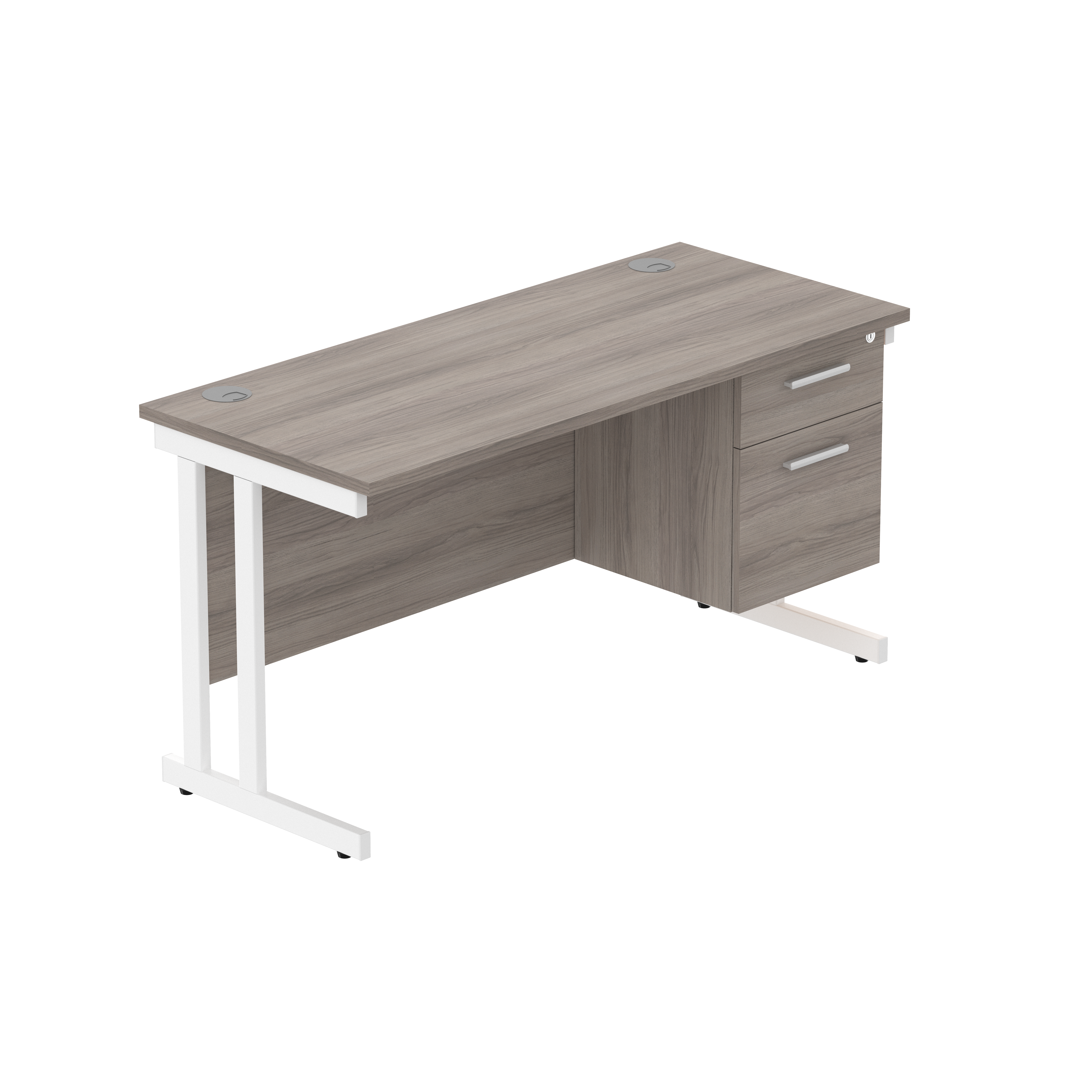 Office Rectangular Desk with Steel Double Upright Cantilever Legs + 2 Drawer Fixed Pedestal (FSC) | 1400X600 | Alaskan Grey Oak/White