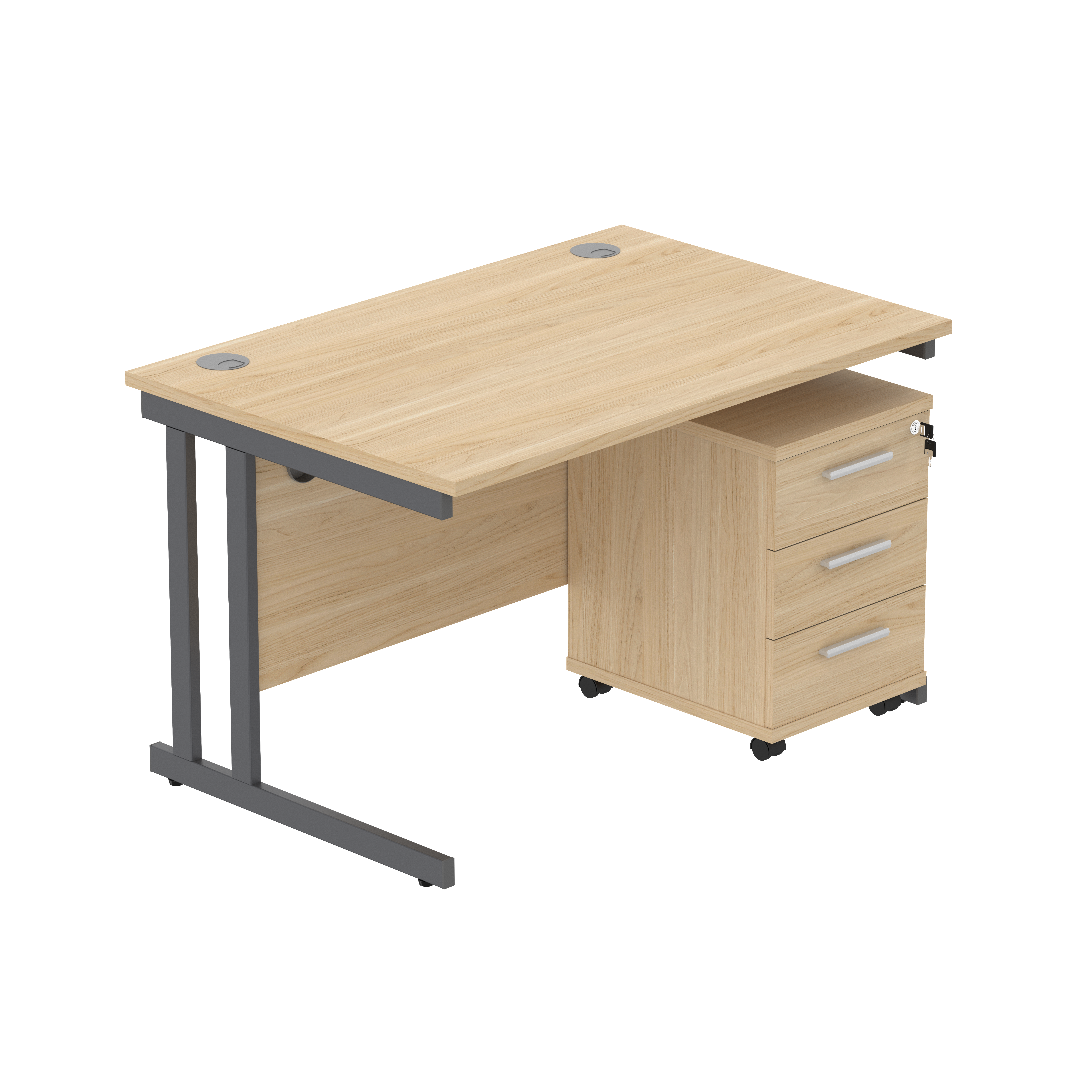 Double Upright Rectangular Desk + 3 Drawer Mobile Under Desk Pedestal (FSC) | 1200X800 | Canadian Oak/Graphite thumbnail 2