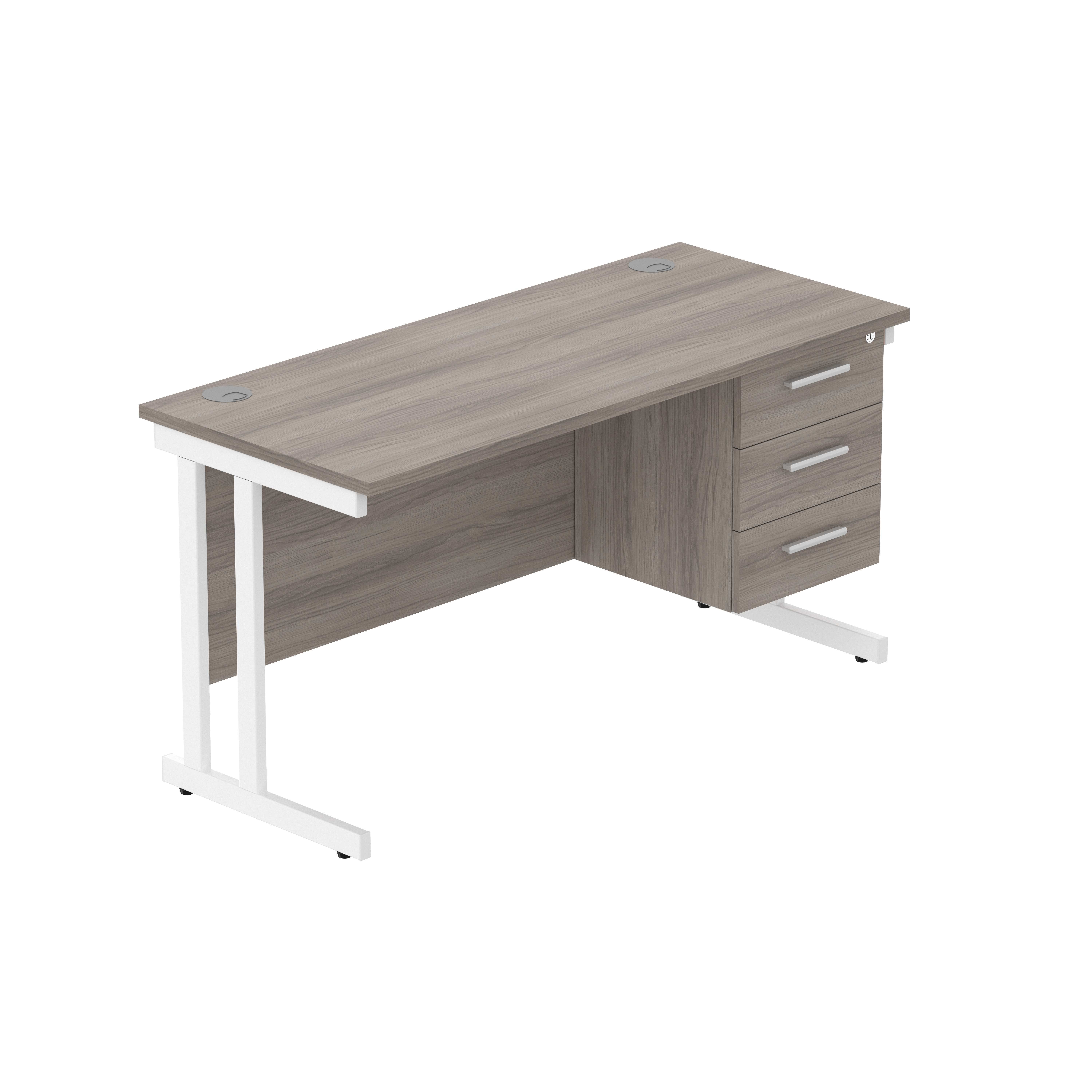 Office Rectangular Desk with Steel Double Upright Cantilever Legs + 3 Drawer Fixed Pedestal (FSC) | 1400X600 | Alaskan Grey Oak/White