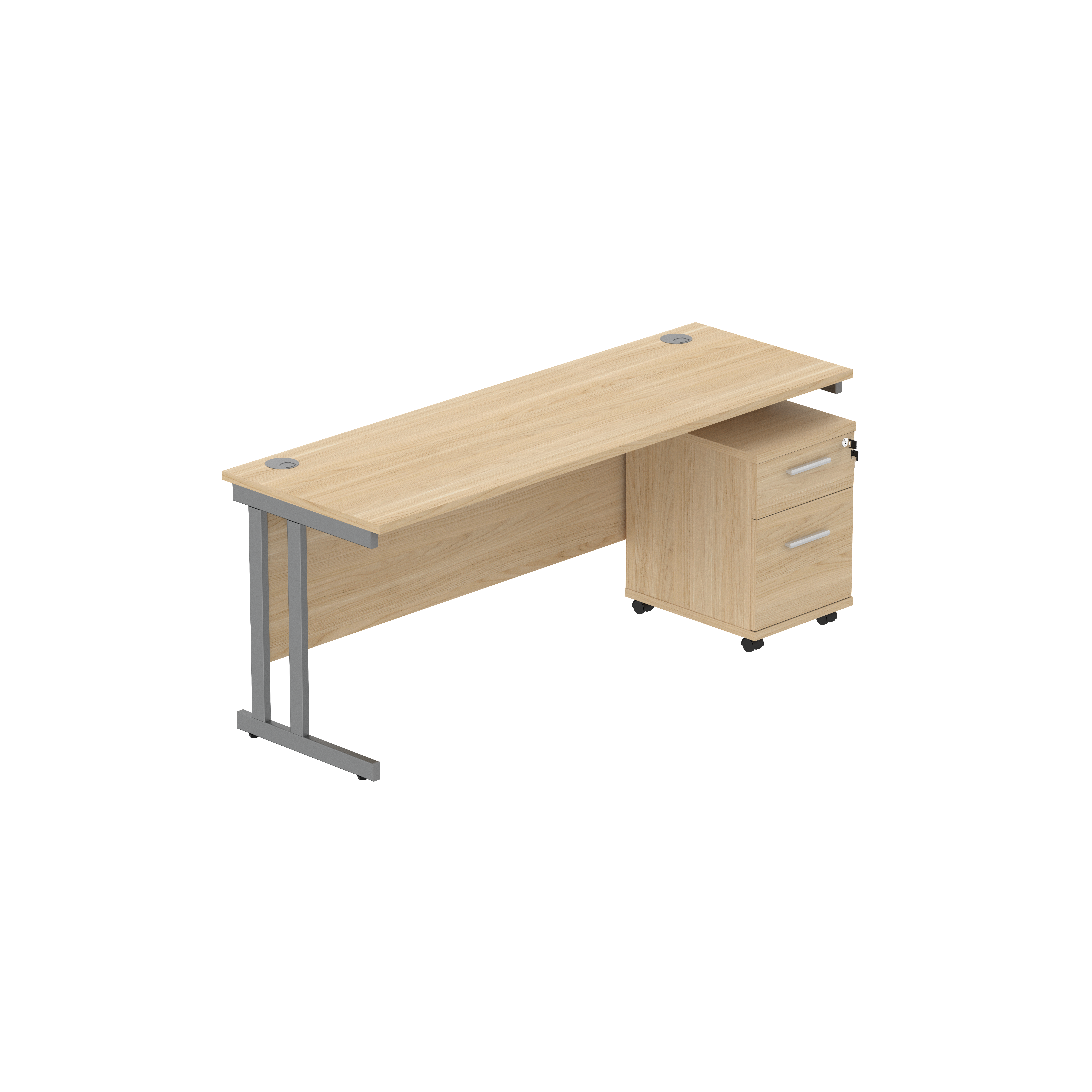 Double Upright Rectangular Desk + 2 Drawer Mobile Under Desk Pedestal (FSC) | 1800X600 | Canadian Oak/Graphite