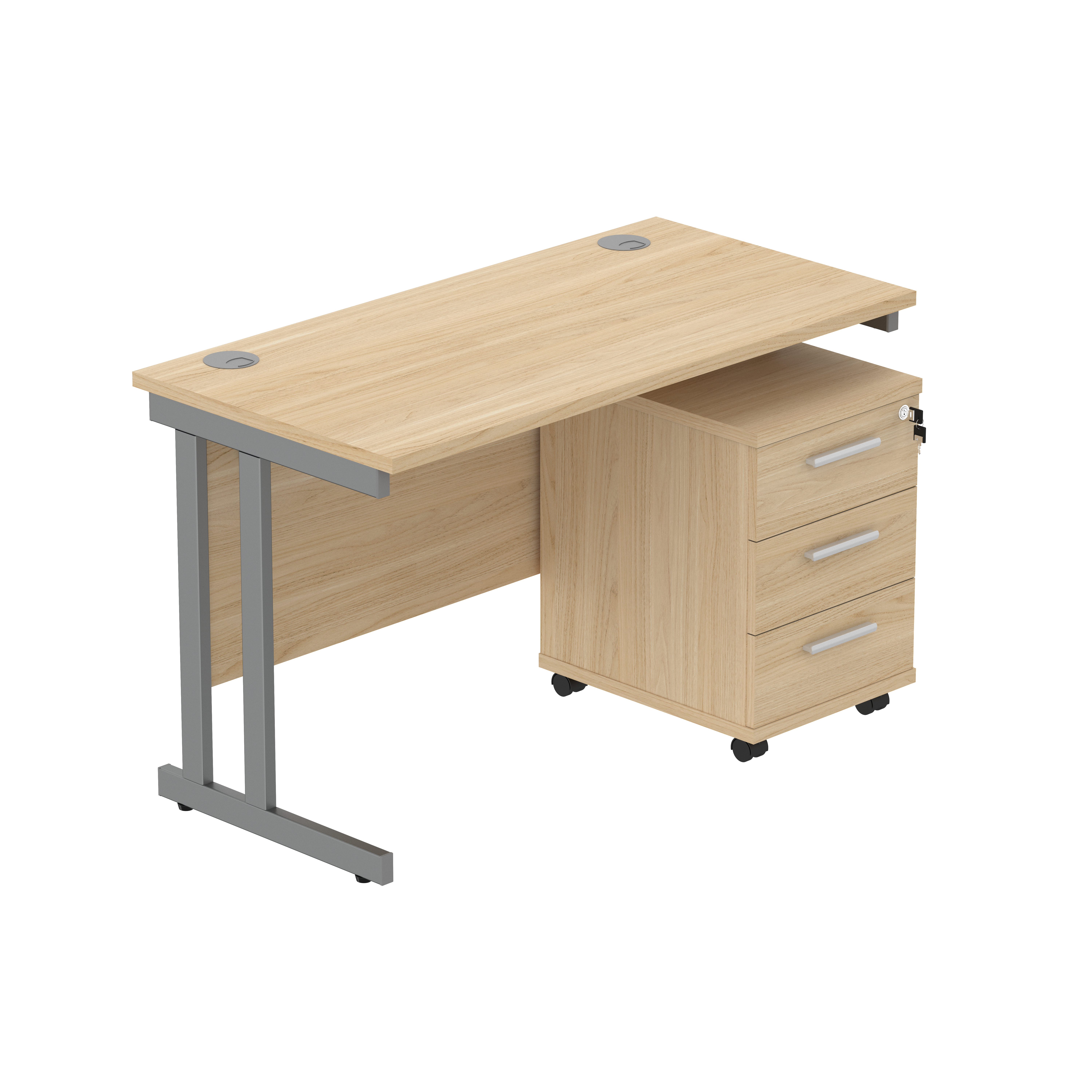 Double Upright Rectangular Desk + 3 Drawer Mobile Under Desk Pedestal (FSC) | 1200X600 | Canadian Oak/Graphite
