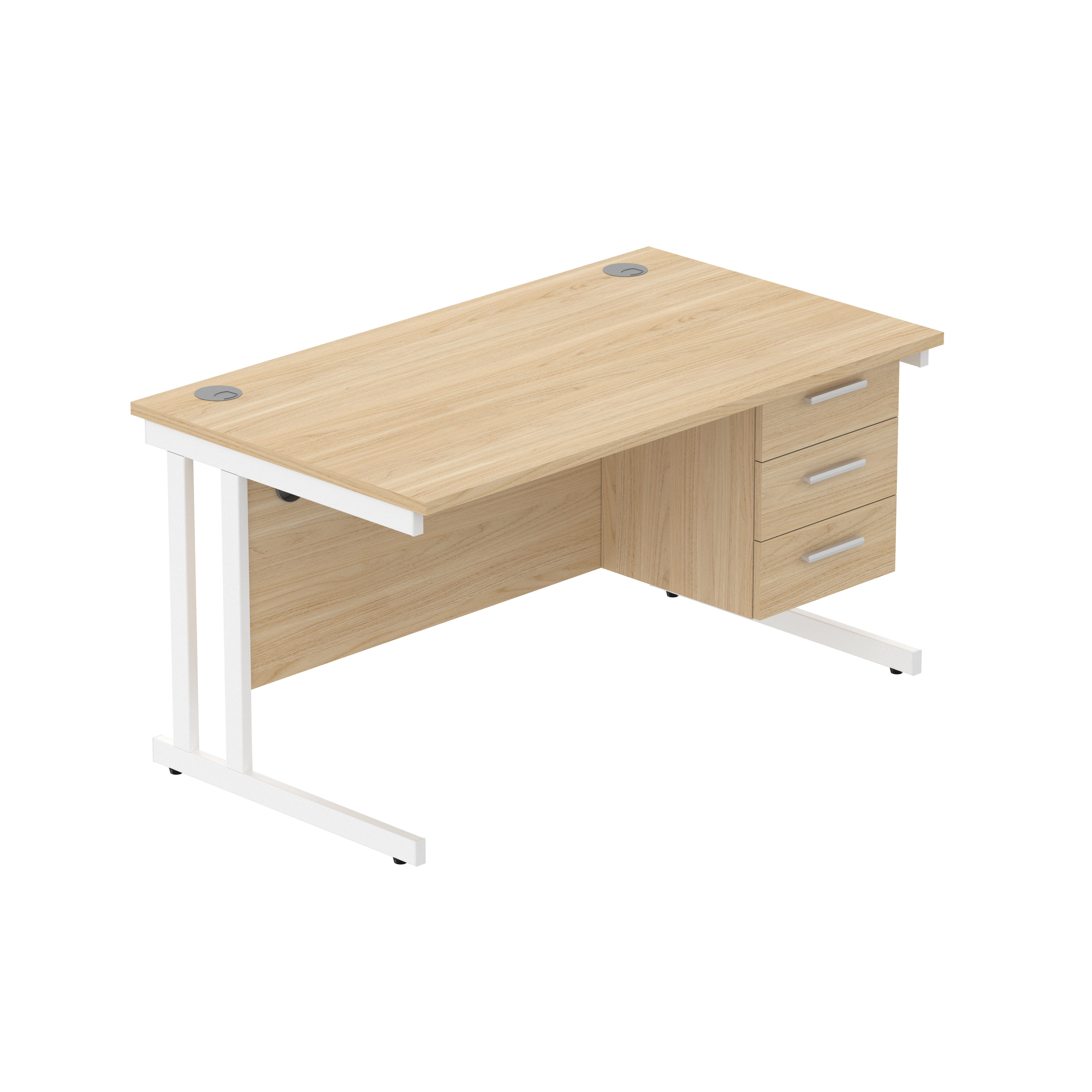 Office Rectangular Desk with Steel Double Upright Cantilever Legs + 3 Drawer Fixed Pedestal (FSC) | 1400X800 | Canadian Oak/White thumbnail 2