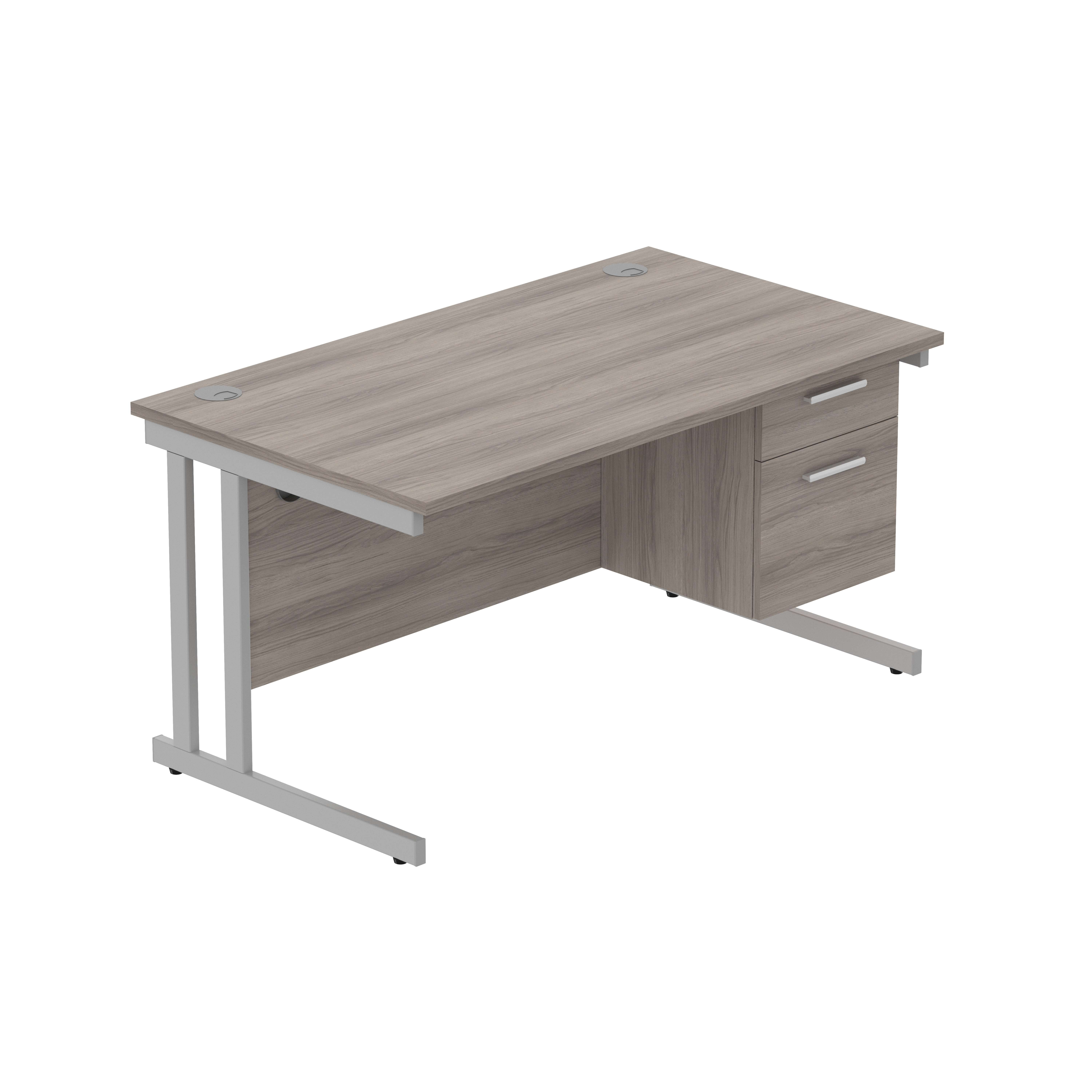 Office Rectangular Desk with Steel Double Upright Cantilever Legs + 2 Drawer Fixed Pedestal (FSC) | 1400X800 | Alaskan Grey Oak/Silver thumbnail 2