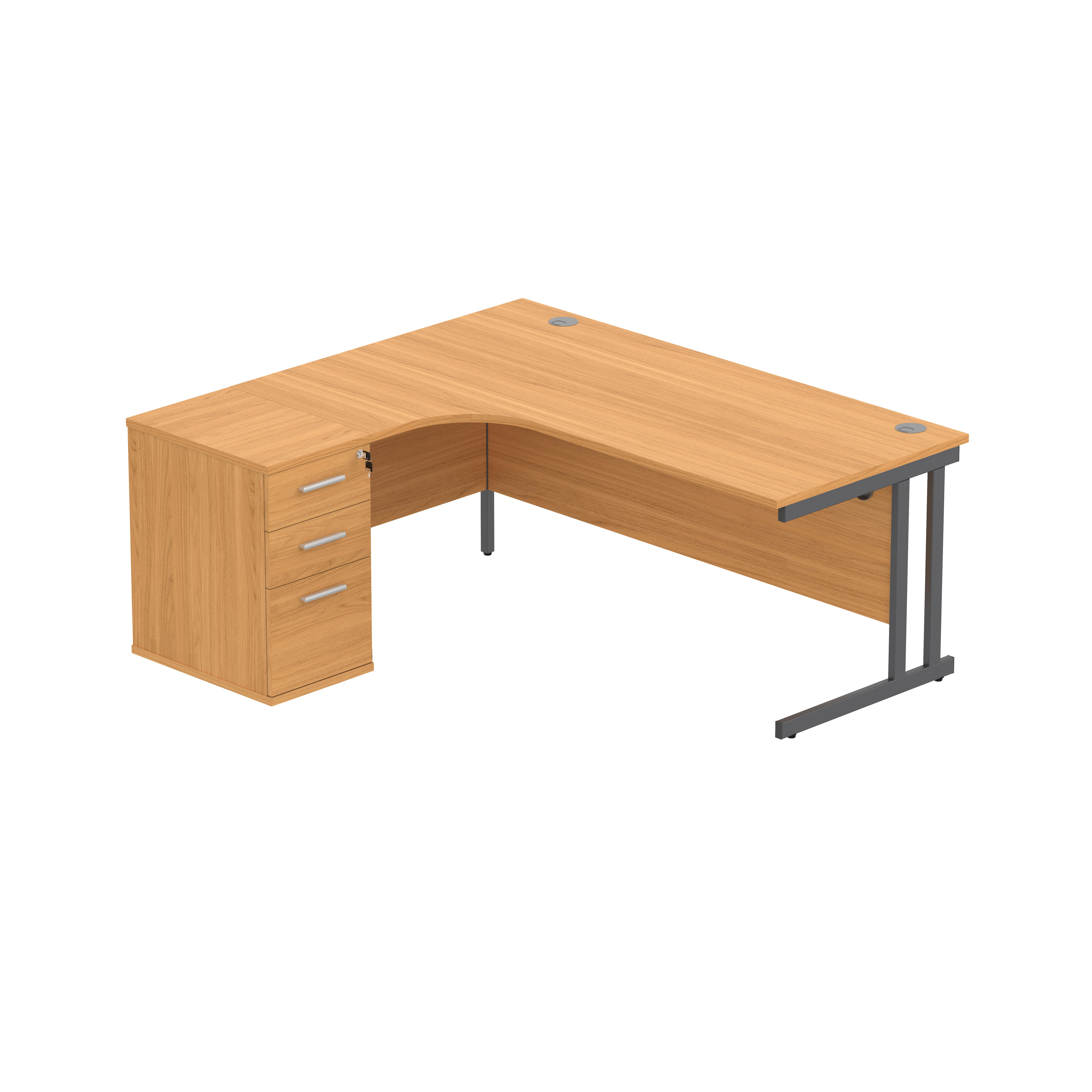 Double Upright Left Hand Radial Desk + Desk High Pedestal (FSC) | 600mm Deep Pedestal | 1800X1200 | Norwegian Beech/Graphite