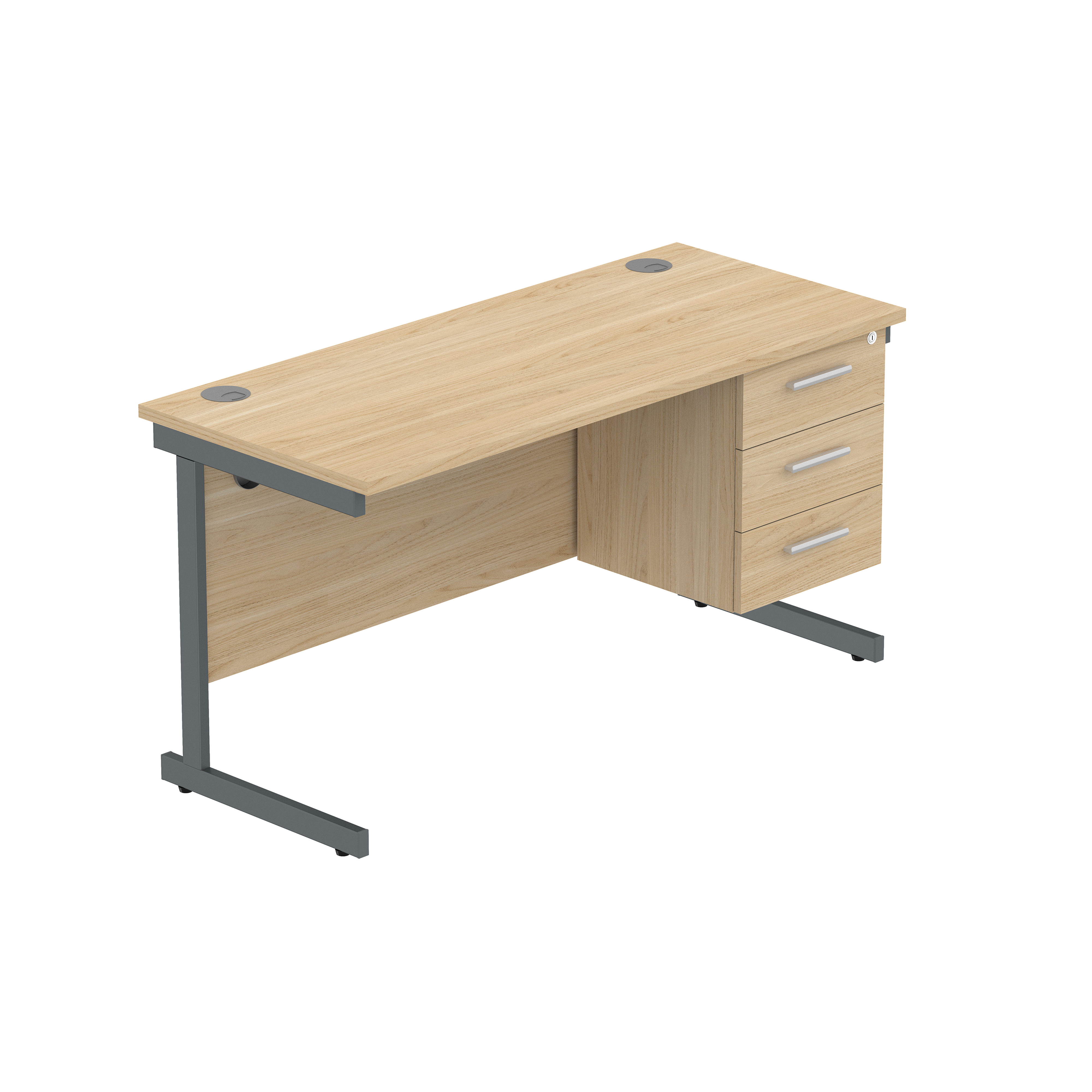 Office Rectangular Desk with Steel Single Upright Cantilever Legs + 3 Drawer Fixed Pedestal (FSC) | 1400X600 | Canadian Oak/Graphite