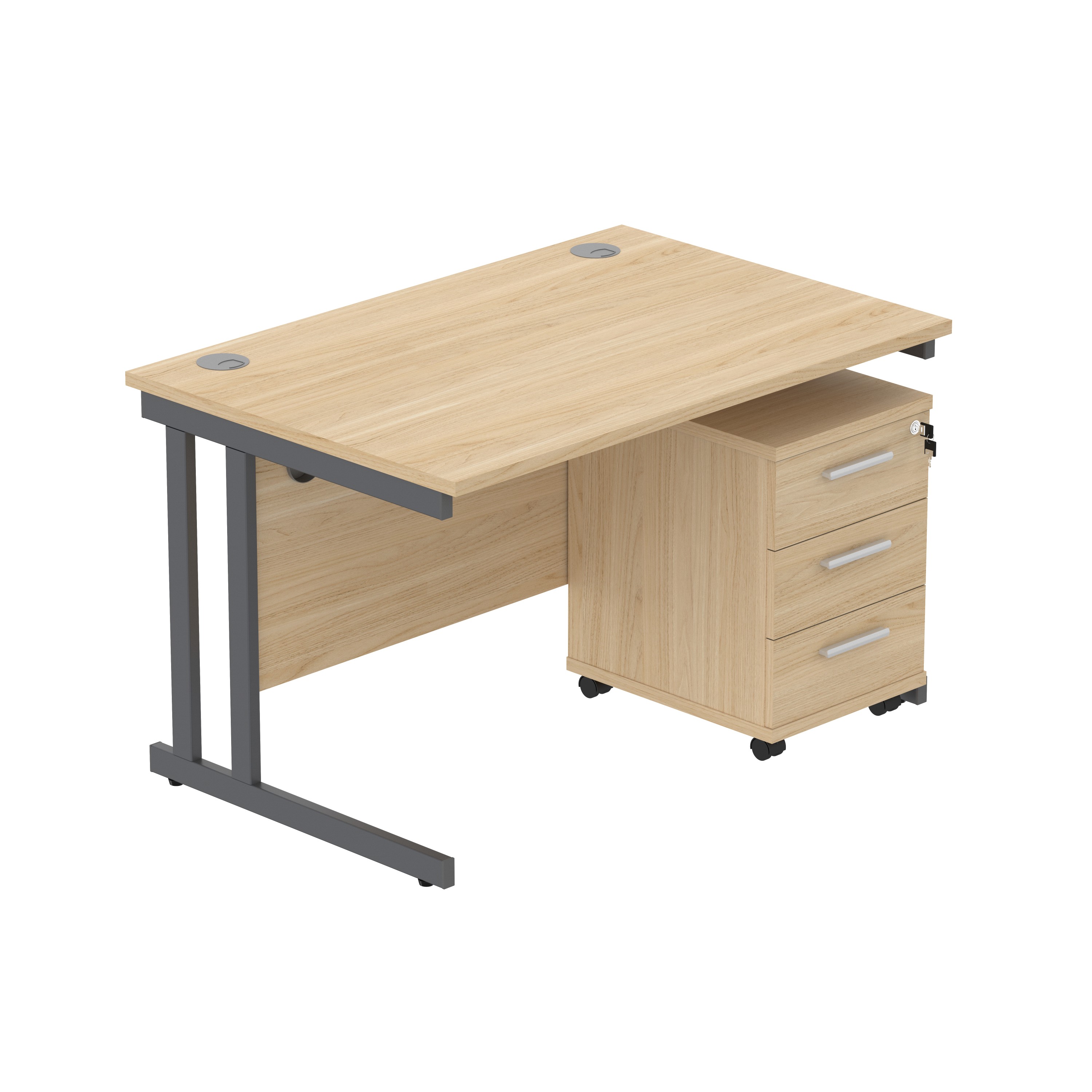 Double Upright Rectangular Desk + 3 Drawer Mobile Under Desk Pedestal (FSC) | 1200X800 | Canadian Oak/Graphite