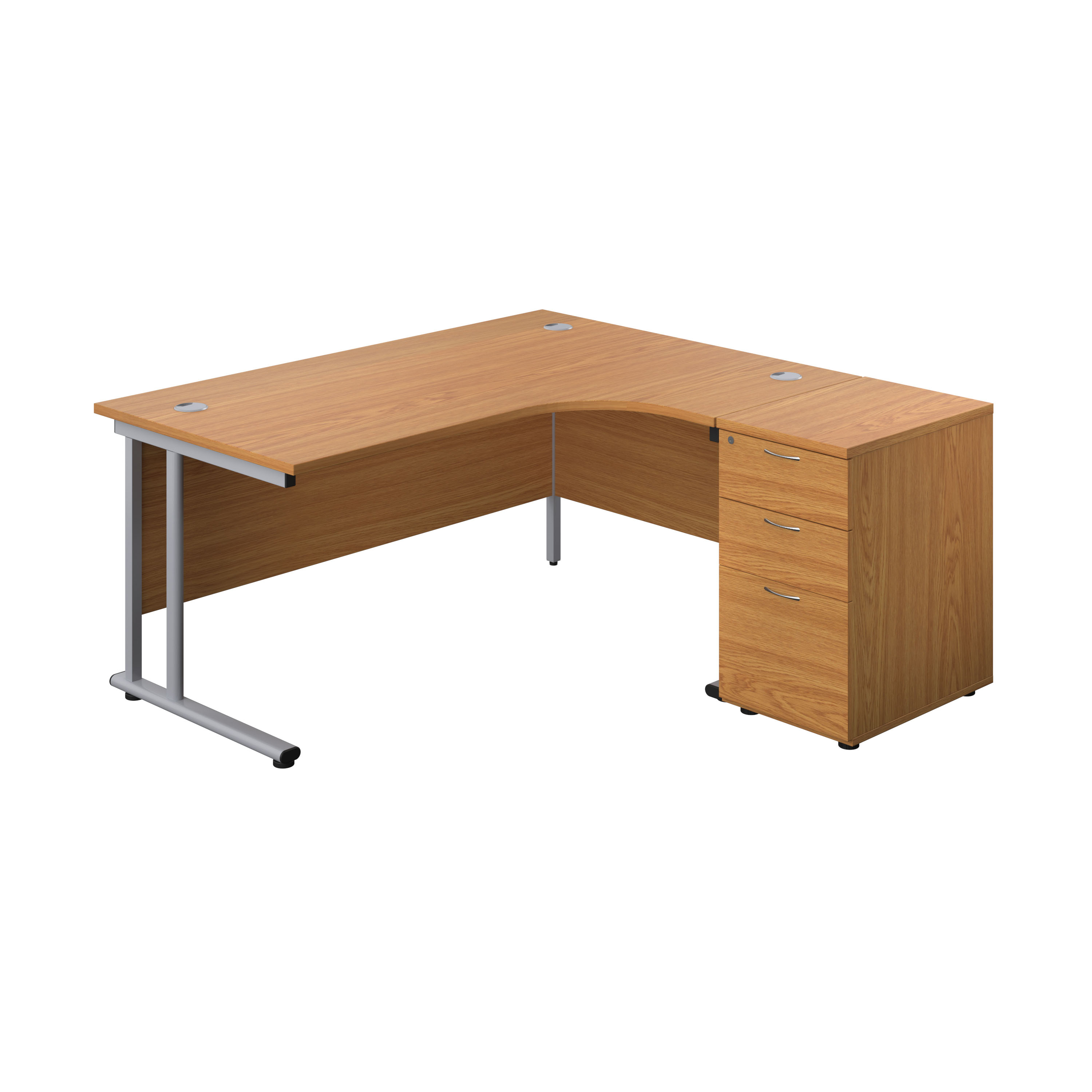 Twin+Upright+Right+Hand+Radial+Desk+%2B+Desk+High+3+Drawer+Pedestal+%28FSC%29+1600X1200+600mm+Deep+Pedestal+Nova+Oak%2FSilver