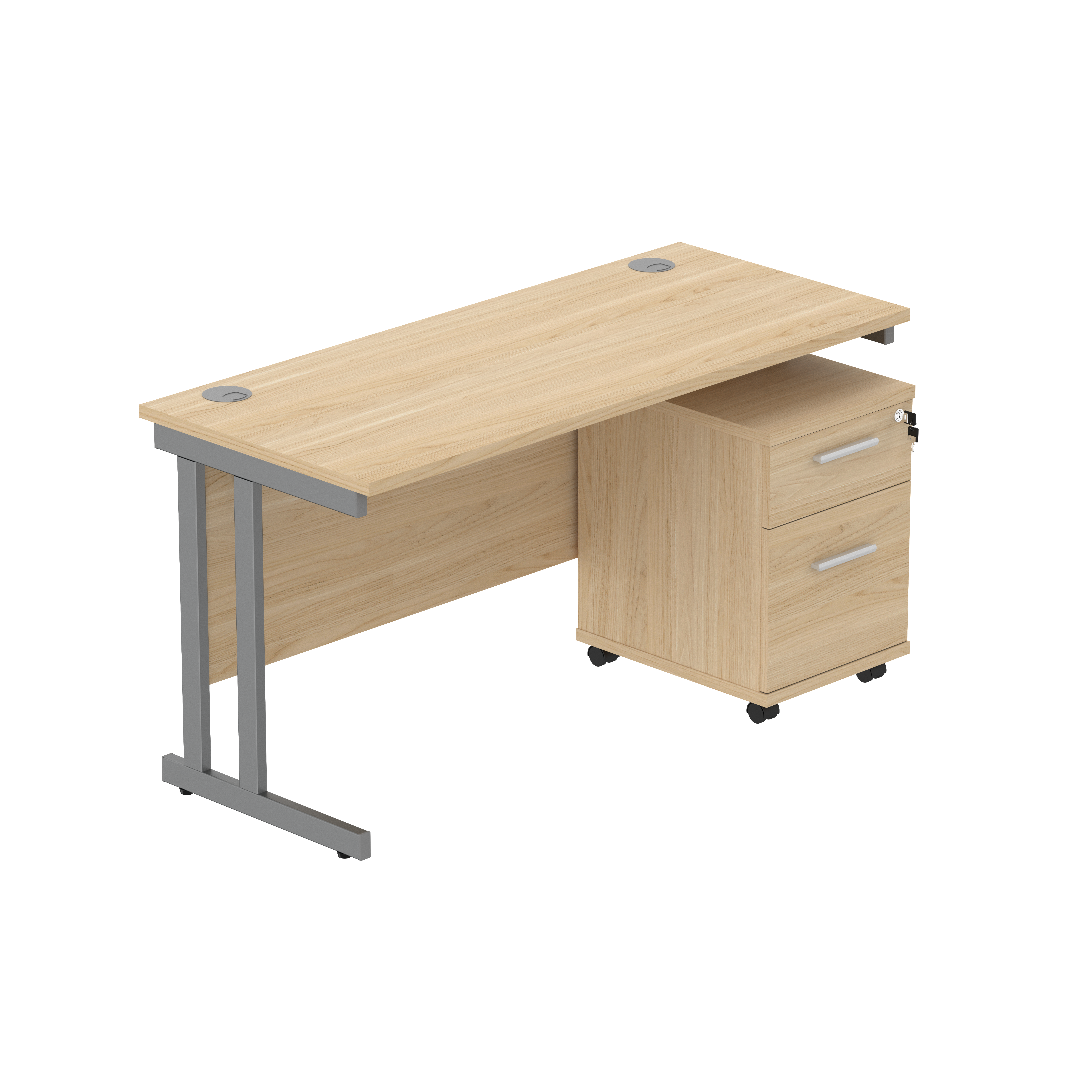 Double Upright Rectangular Desk + 2 Drawer Mobile Under Desk Pedestal (FSC) | 1400X600 | Canadian Oak/Graphite