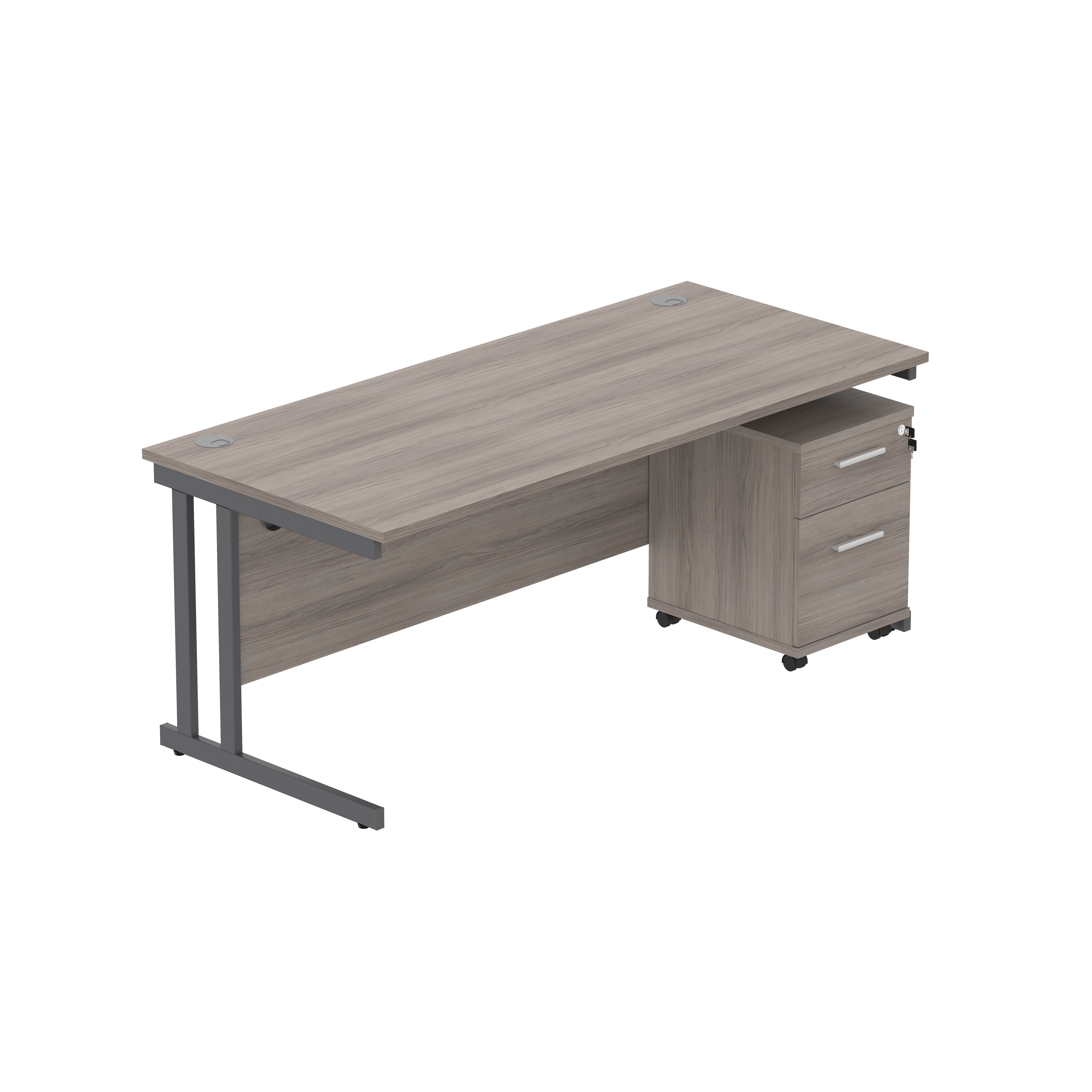 Double Upright Rectangular Desk + 2 Drawer Mobile Under Desk Pedestal (FSC) | 1800X800 | Alaskan Grey Oak/Graphite thumbnail 2