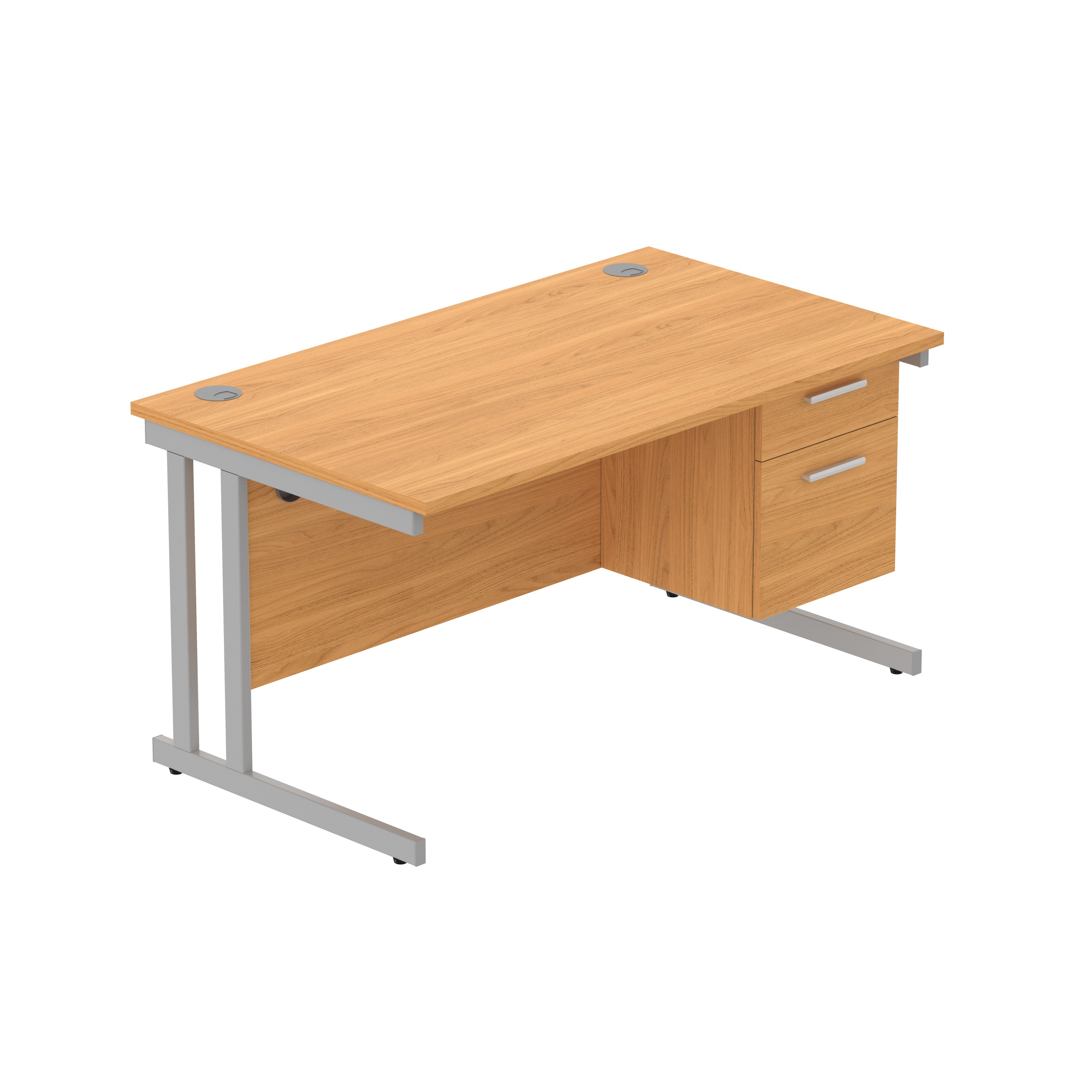 Office Rectangular Desk with Steel Double Upright Cantilever Legs + 2 Drawer Fixed Pedestal (FSC) | 1400X800 | Norwegian Beech/Silver