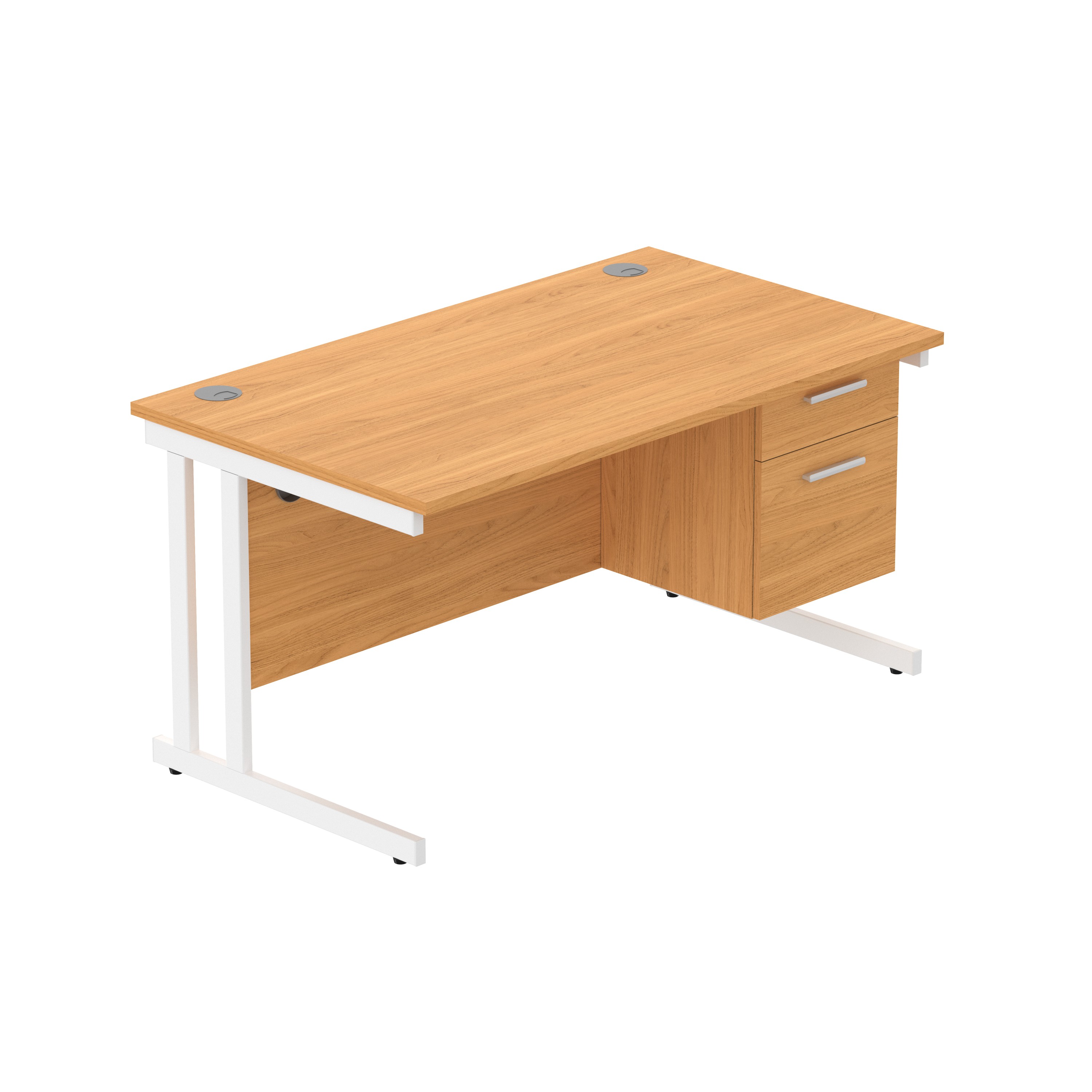 Office Rectangular Desk with Steel Double Upright Cantilever Legs + 2 Drawer Fixed Pedestal (FSC) | 1400X800 | Norwegian Beech/White