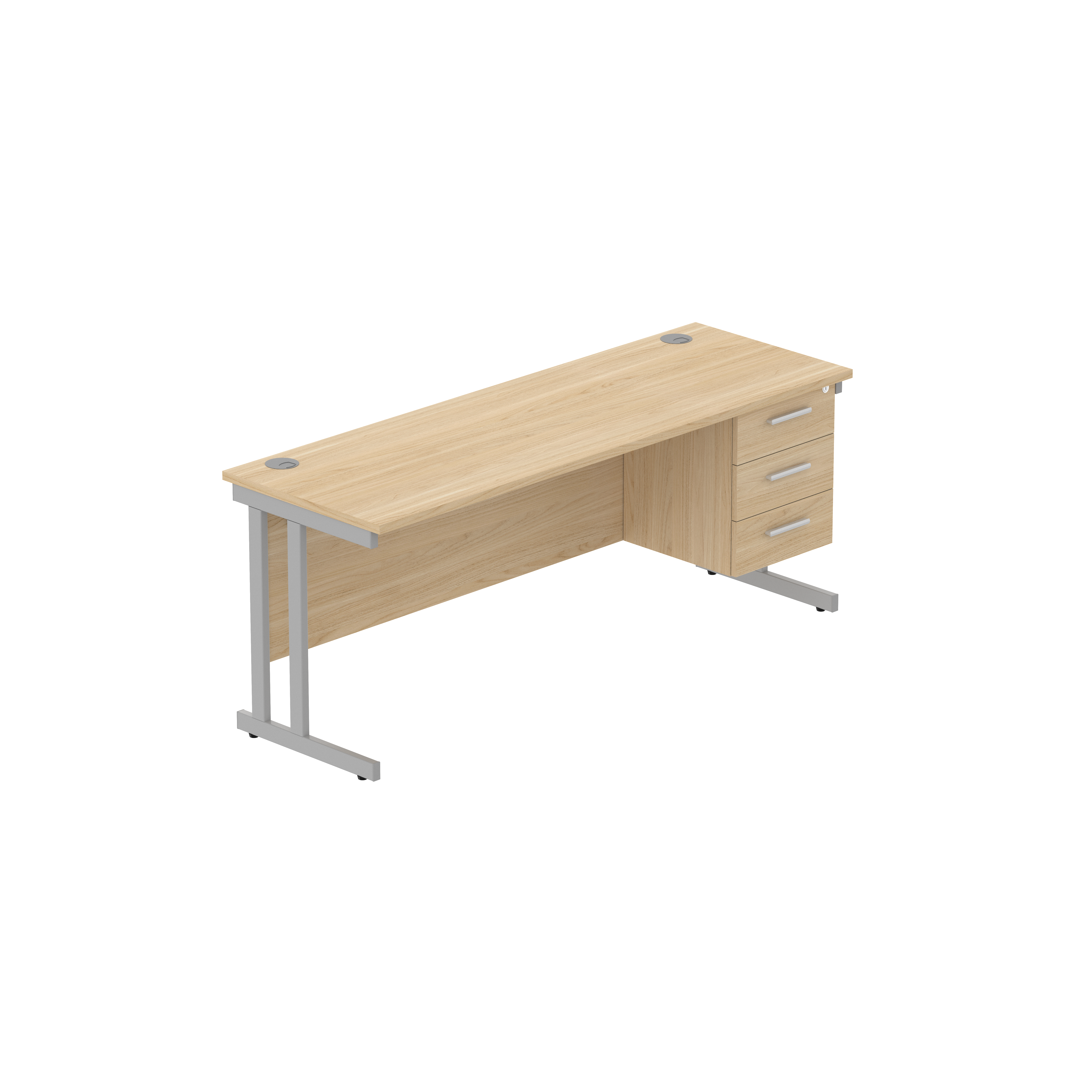 Office Rectangular Desk with Steel Double Upright Cantilever Legs + 3 Drawer Fixed Pedestal (FSC) | 1800X600 | Canadian Oak/Silver