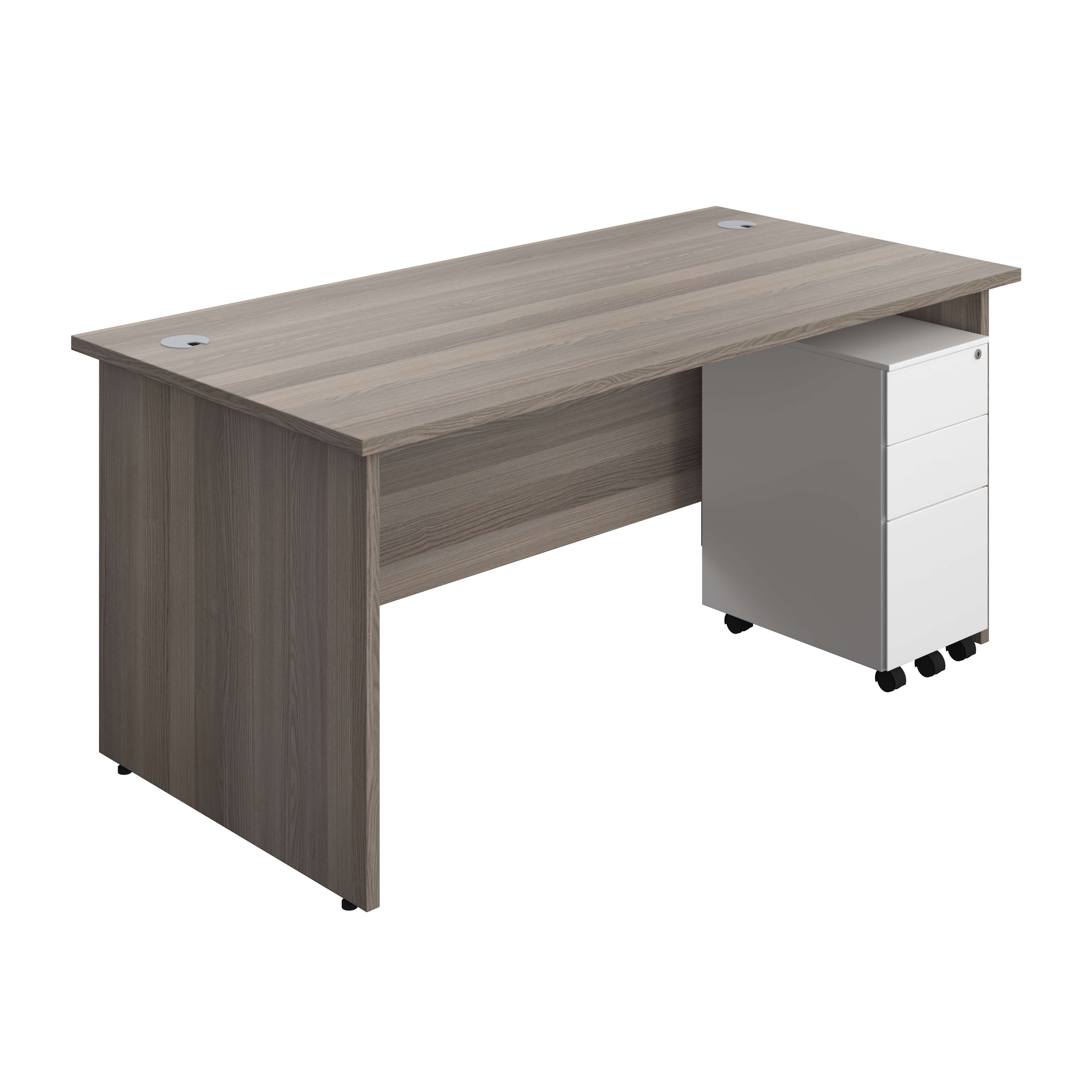 Panel Rectangular Desk + 3 Drawer Slimline Steel Pedestal Bundle (FSC) | 1600X800 | Grey Oak/White