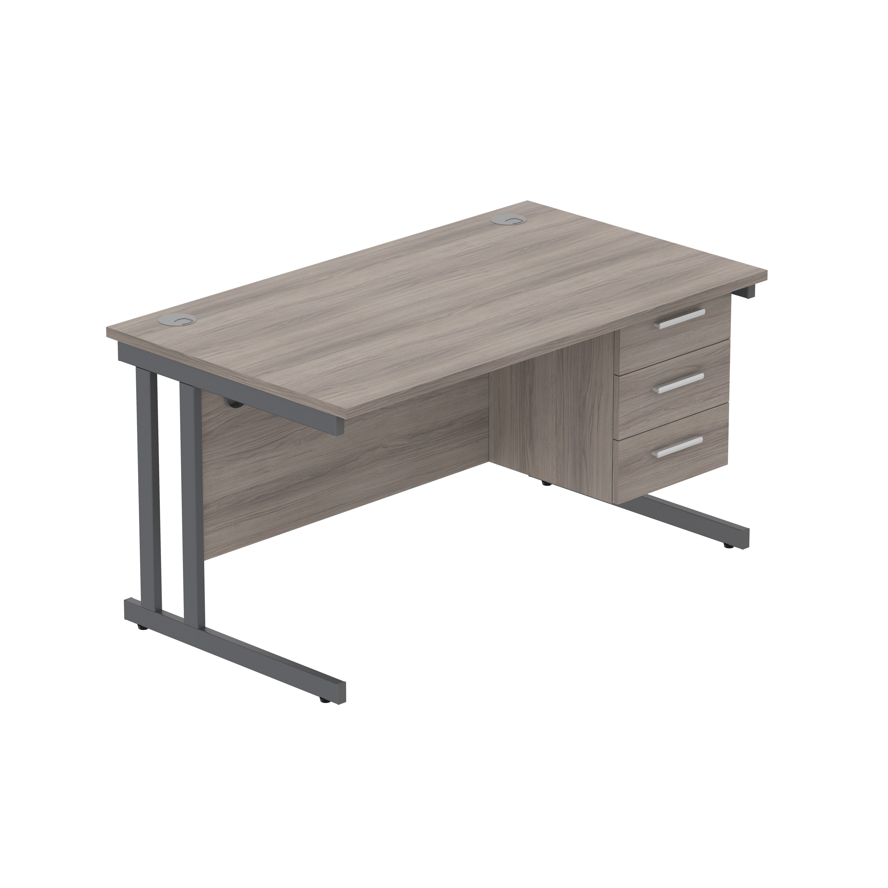 Office Rectangular Desk with Steel Double Upright Cantilever Legs + 3 Drawer Fixed Pedestal (FSC) | 1400X800 | Alaskan Grey Oak/Graphite