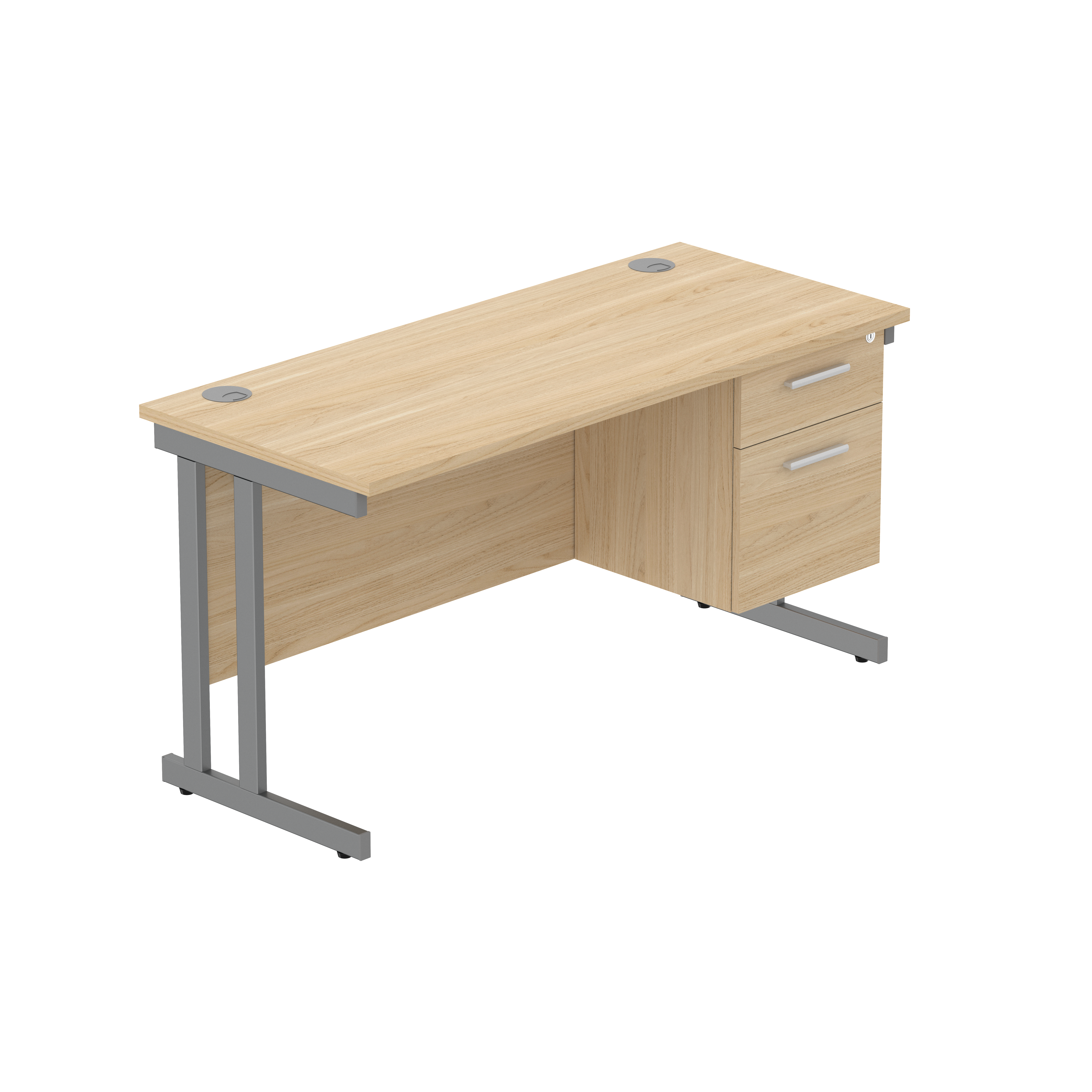 Office Rectangular Desk with Steel Double Upright Cantilever Legs + 2 Drawer Fixed Pedestal (FSC) | 1400X600 | Canadian Oak/Graphite
