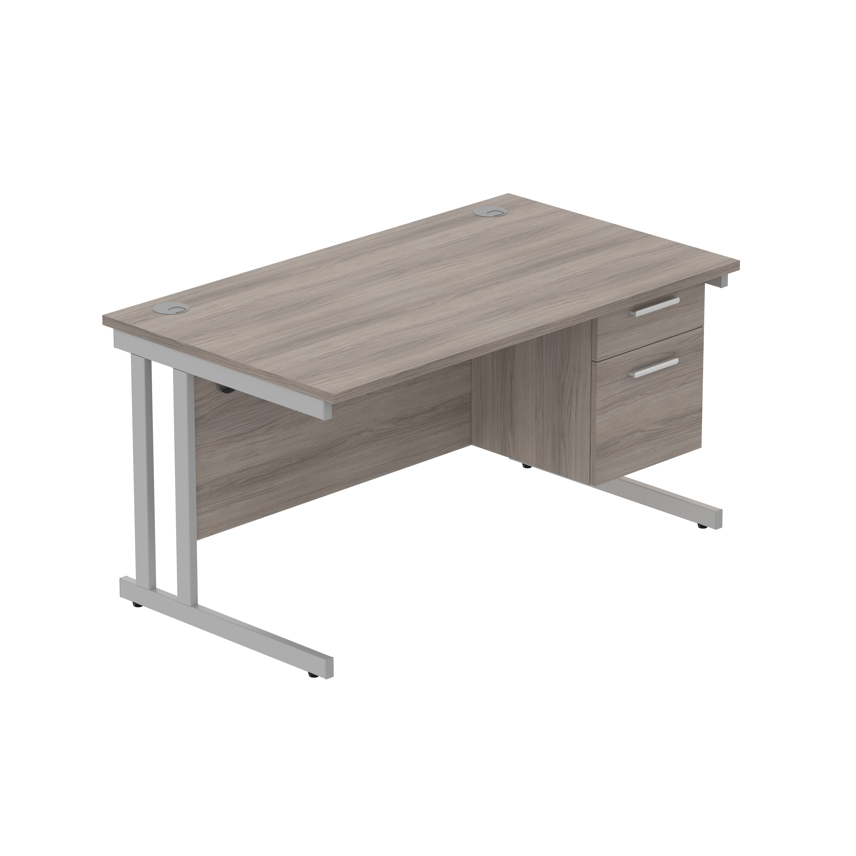 Office Rectangular Desk with Steel Double Upright Cantilever Legs + 2 Drawer Fixed Pedestal (FSC) | 1400X800 | Alaskan Grey Oak/Silver