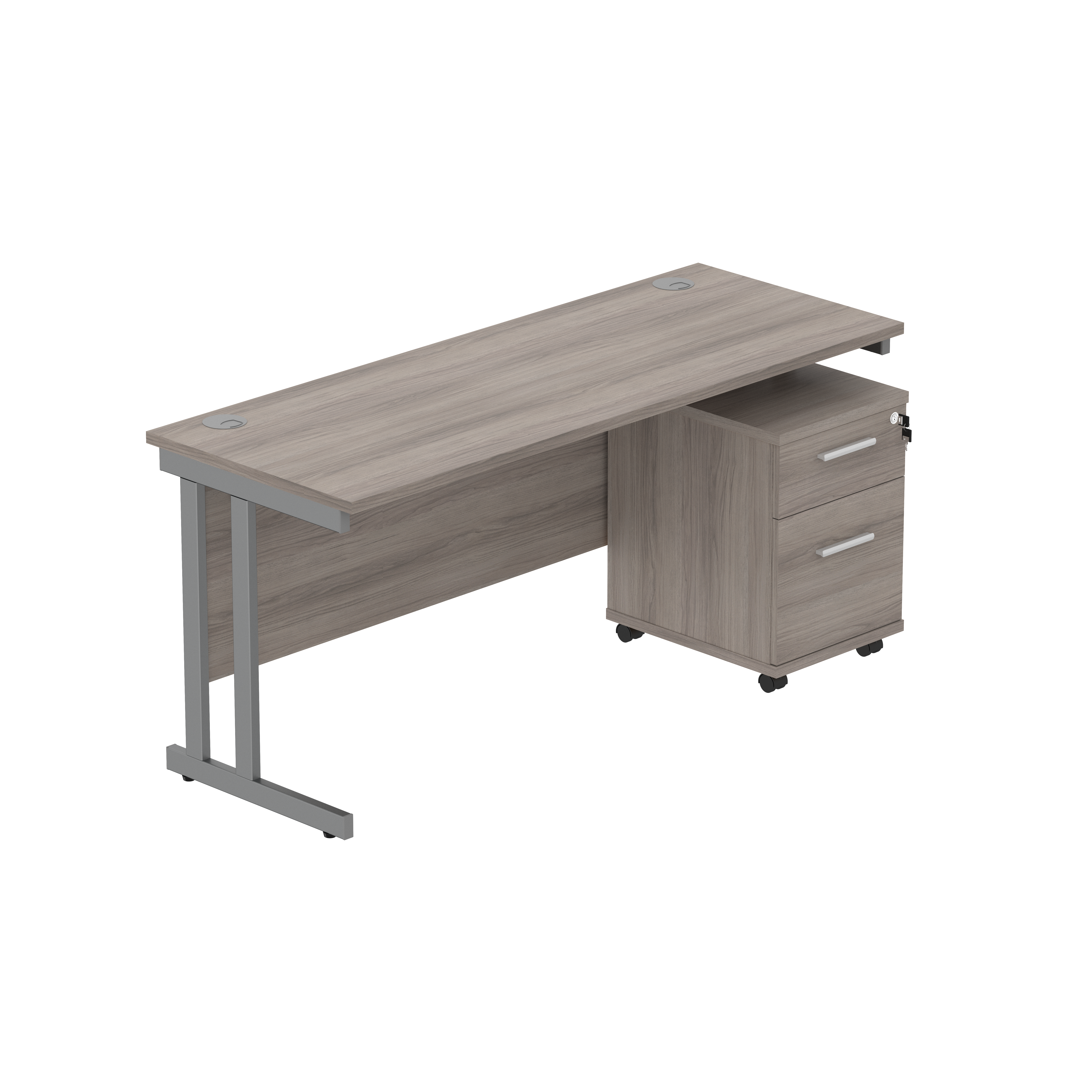 Double Upright Rectangular Desk + 2 Drawer Mobile Under Desk Pedestal (FSC) | 1600X600 | Alaskan Grey Oak/Graphite