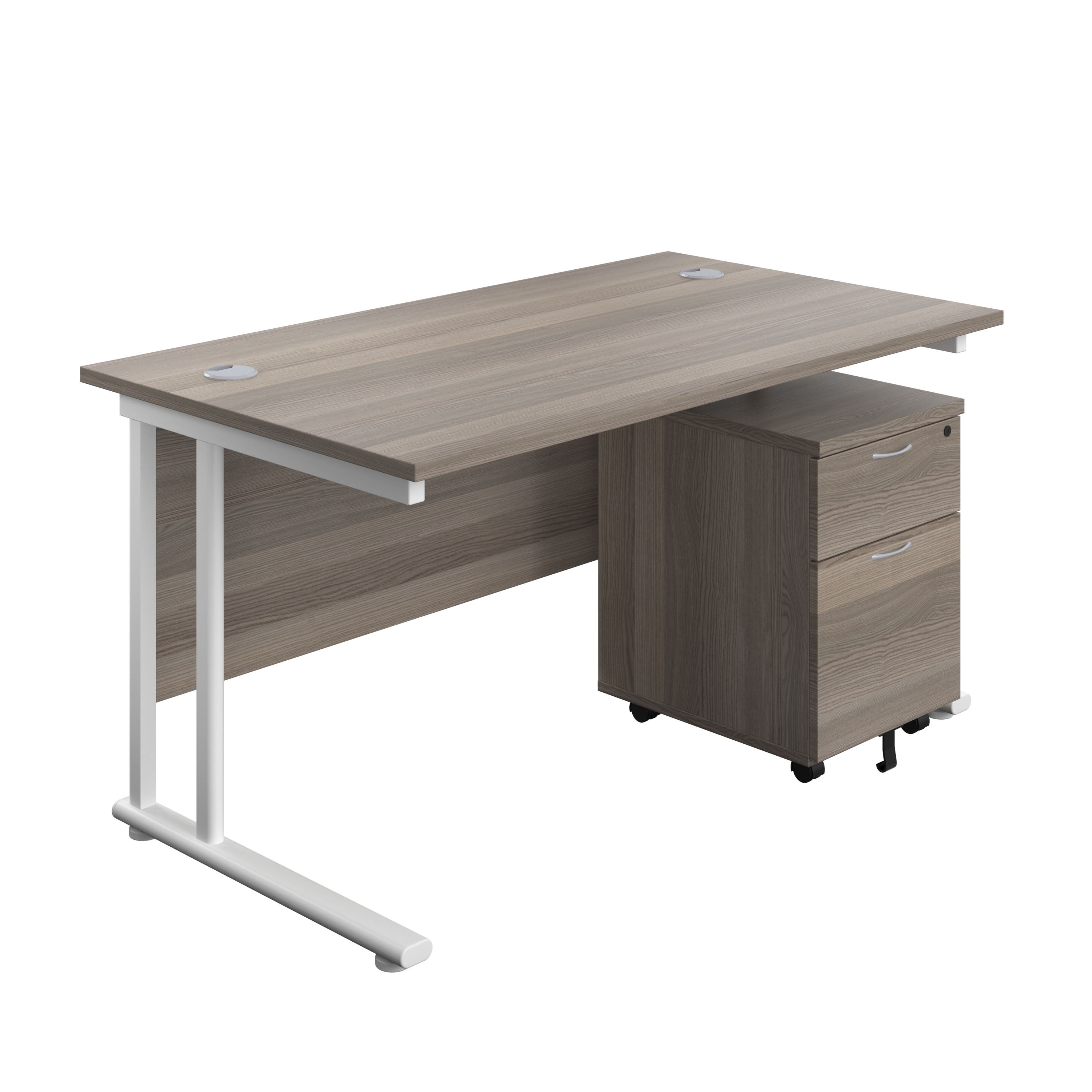 Twin+Upright+Rectangular+Desk+%2B+Mobile+2+Drawer+Pedestal+%28FSC%29+1400X800+Grey+Oak%2FWhite