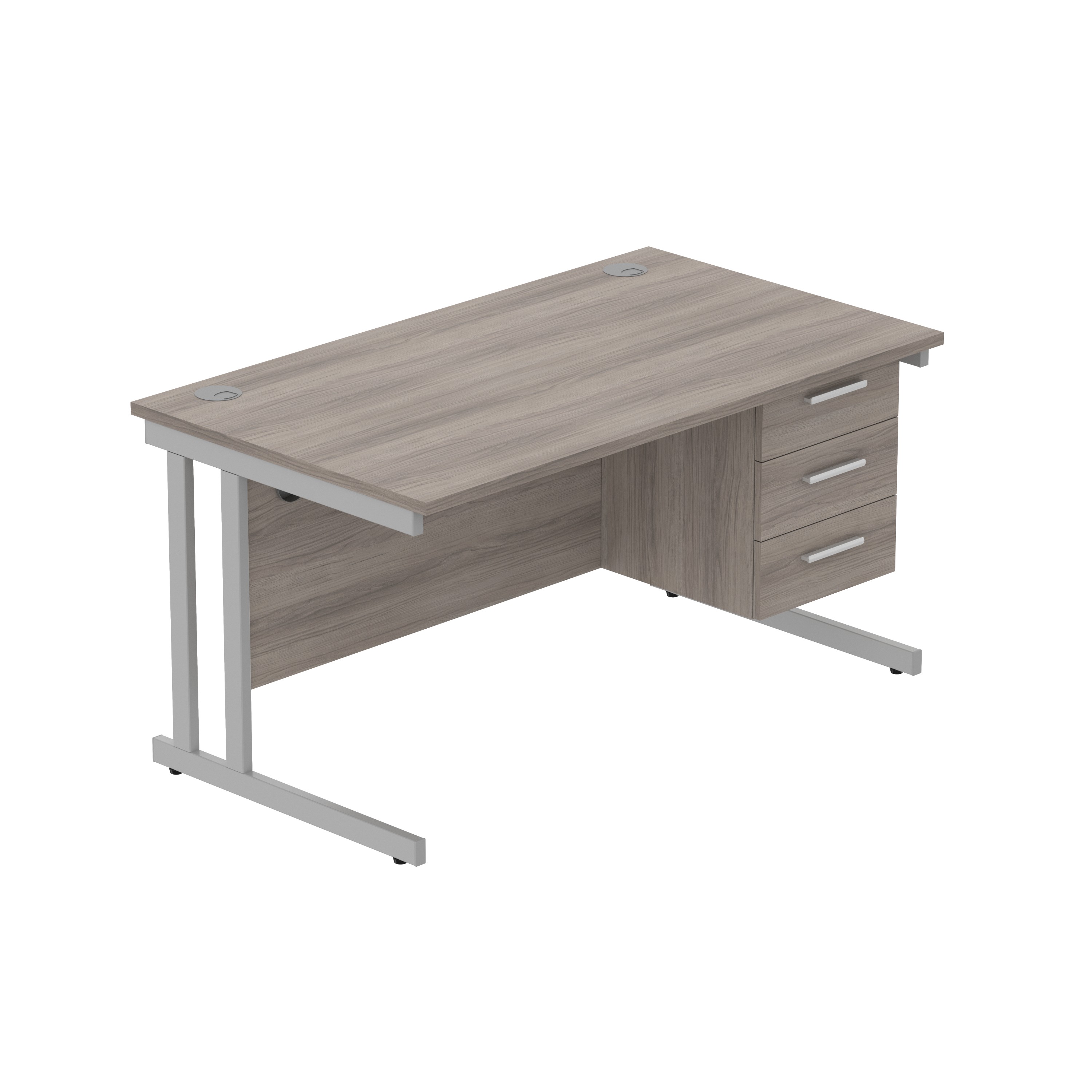 Office Rectangular Desk with Steel Double Upright Cantilever Legs + 3 Drawer Fixed Pedestal (FSC) | 1400X800 | Alaskan Grey Oak/Silver