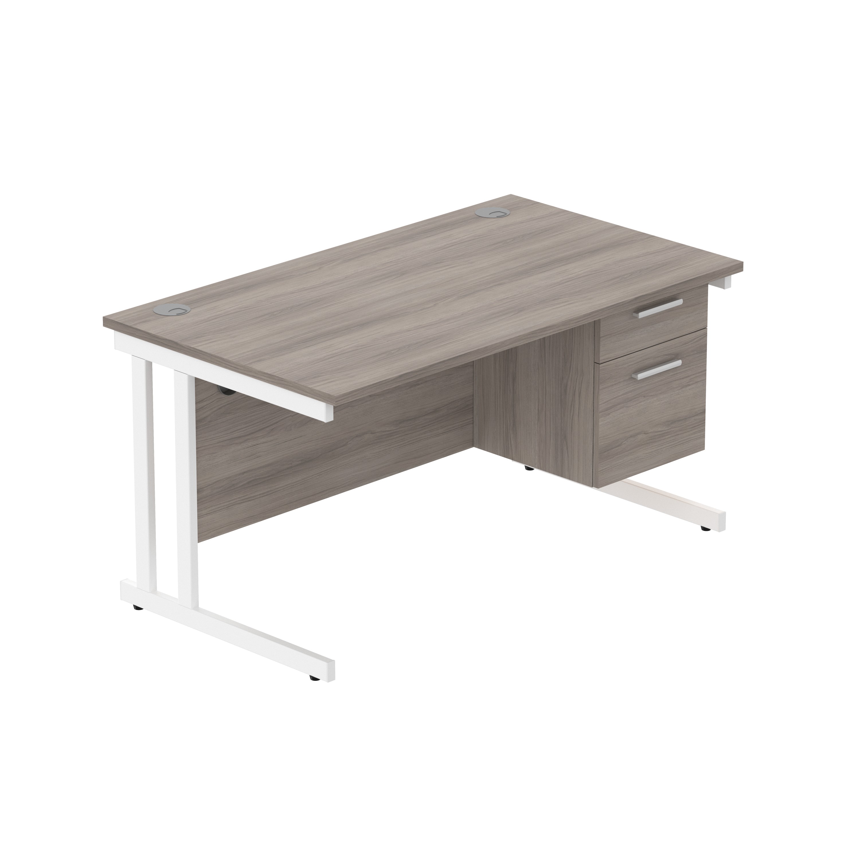 Office Rectangular Desk with Steel Double Upright Cantilever Legs + 2 Drawer Fixed Pedestal (FSC) | 1400X800 | Alaskan Grey Oak/White