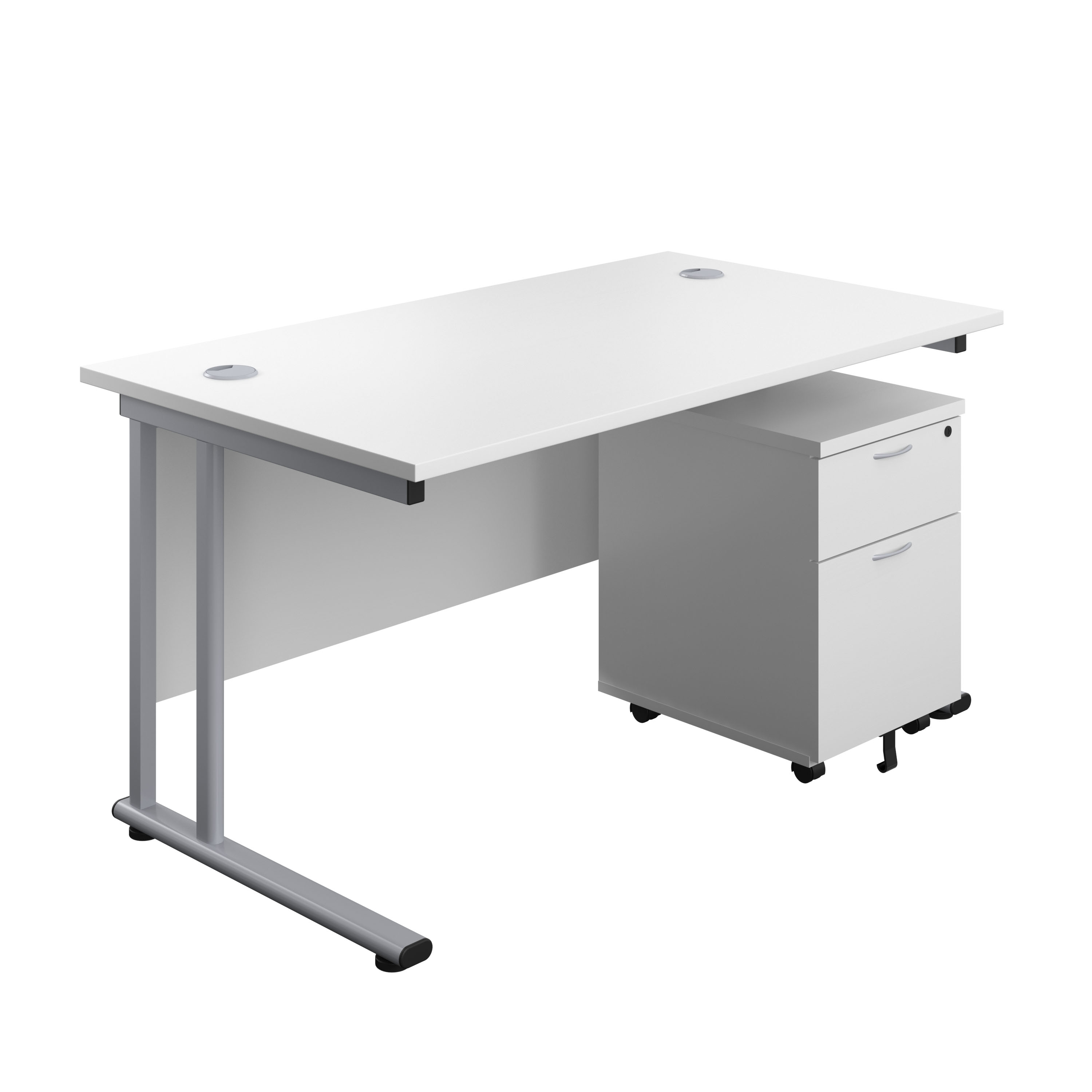 Twin+Upright+Rectangular+Desk+%2B+Mobile+2+Drawer+Pedestal+%28FSC%29+1400X800+White%2FSilver