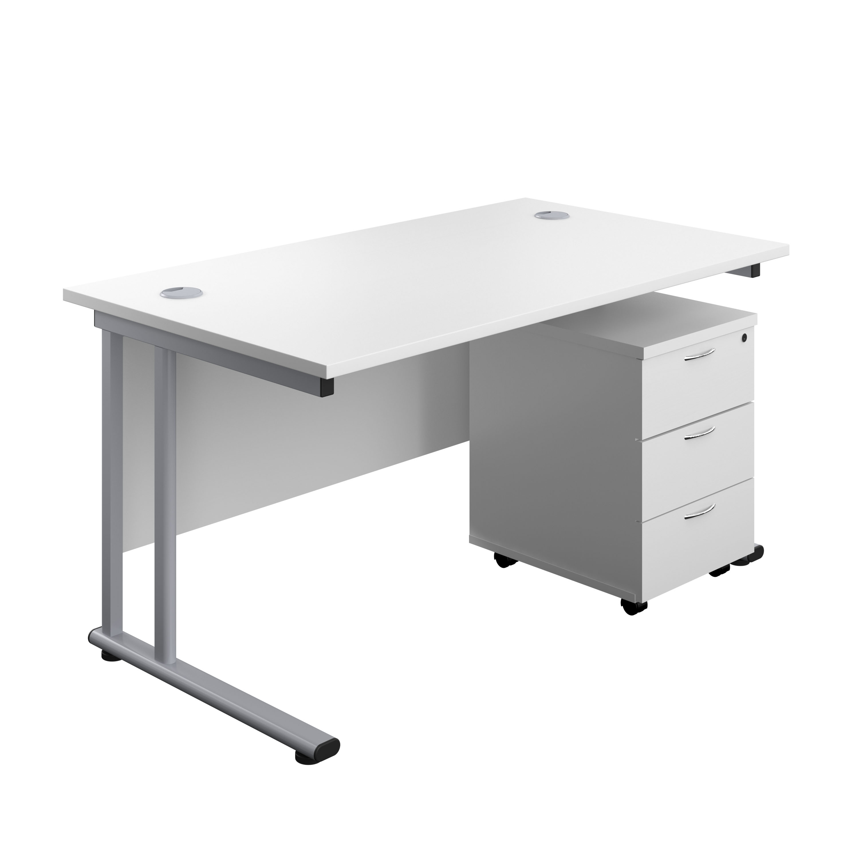 Twin+Upright+Rectangular+Desk+%2B+Mobile+3+Drawer+Pedestal+%28FSC%29+1400X800+White%2FSilver