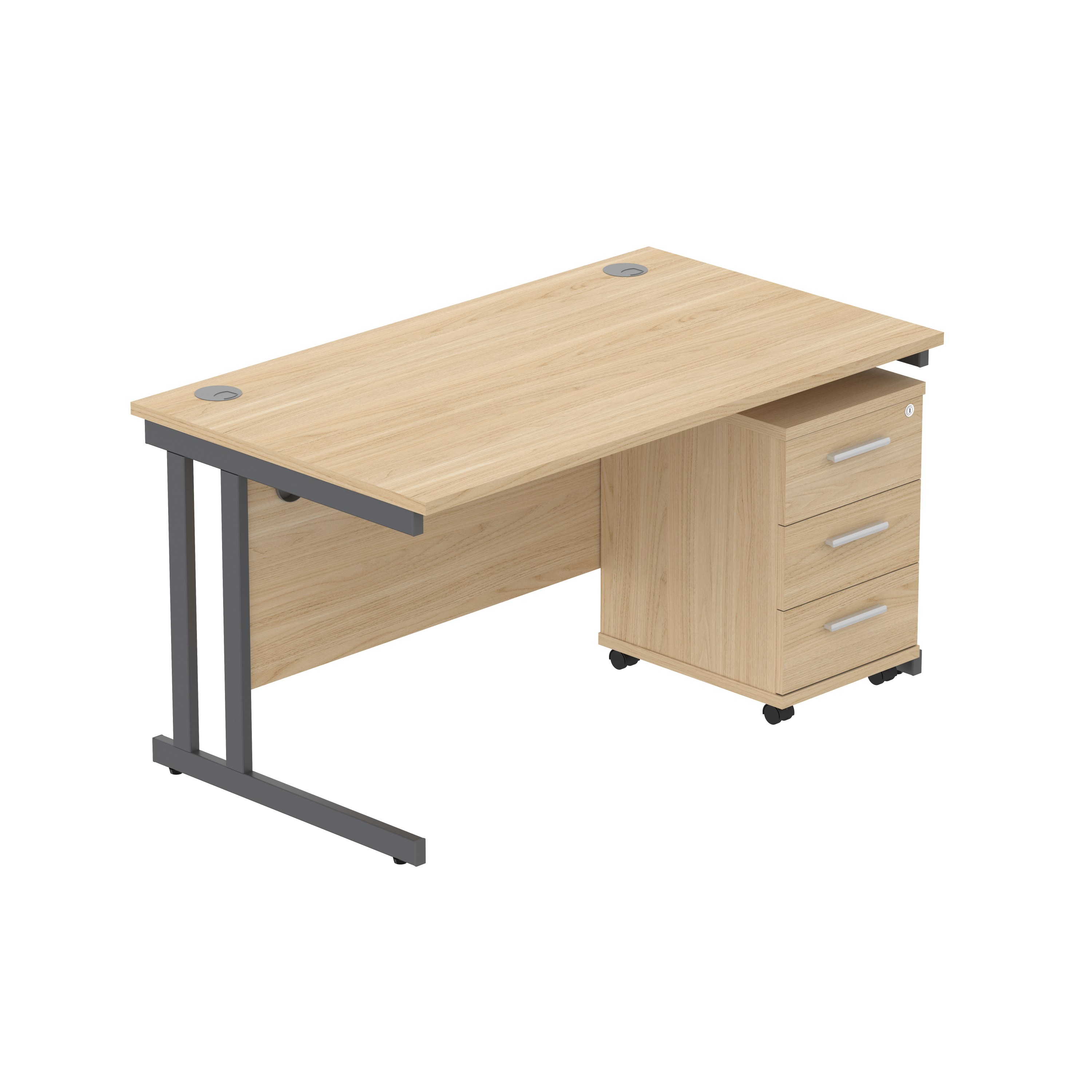 Double Upright Rectangular Desk + 3 Drawer Mobile Under Desk Pedestal (FSC) | 1400X800 | Canadian Oak/Graphite