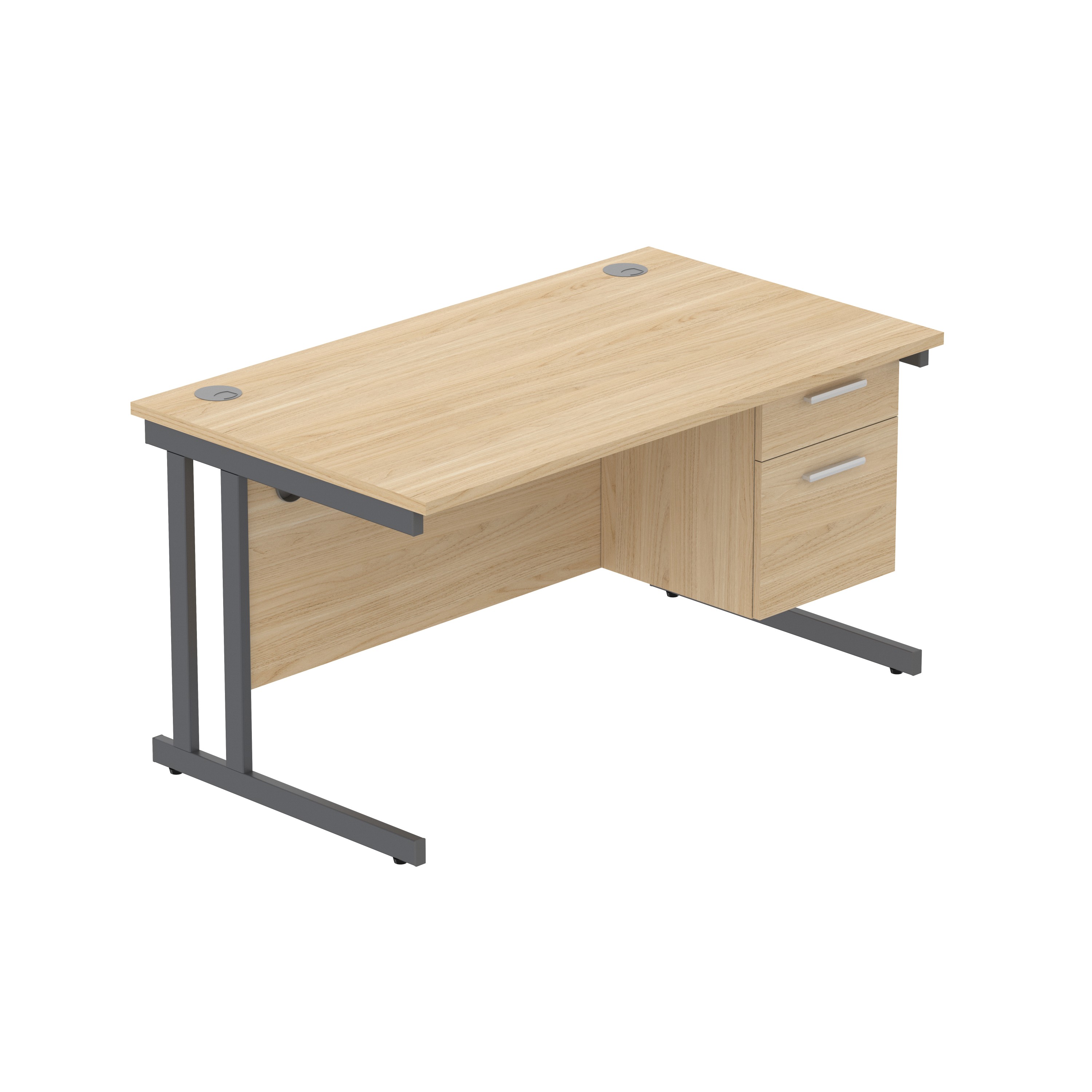 Office Rectangular Desk with Steel Double Upright Cantilever Legs + 2 Drawer Fixed Pedestal (FSC) | 1400X800 | Canadian Oak/Graphite