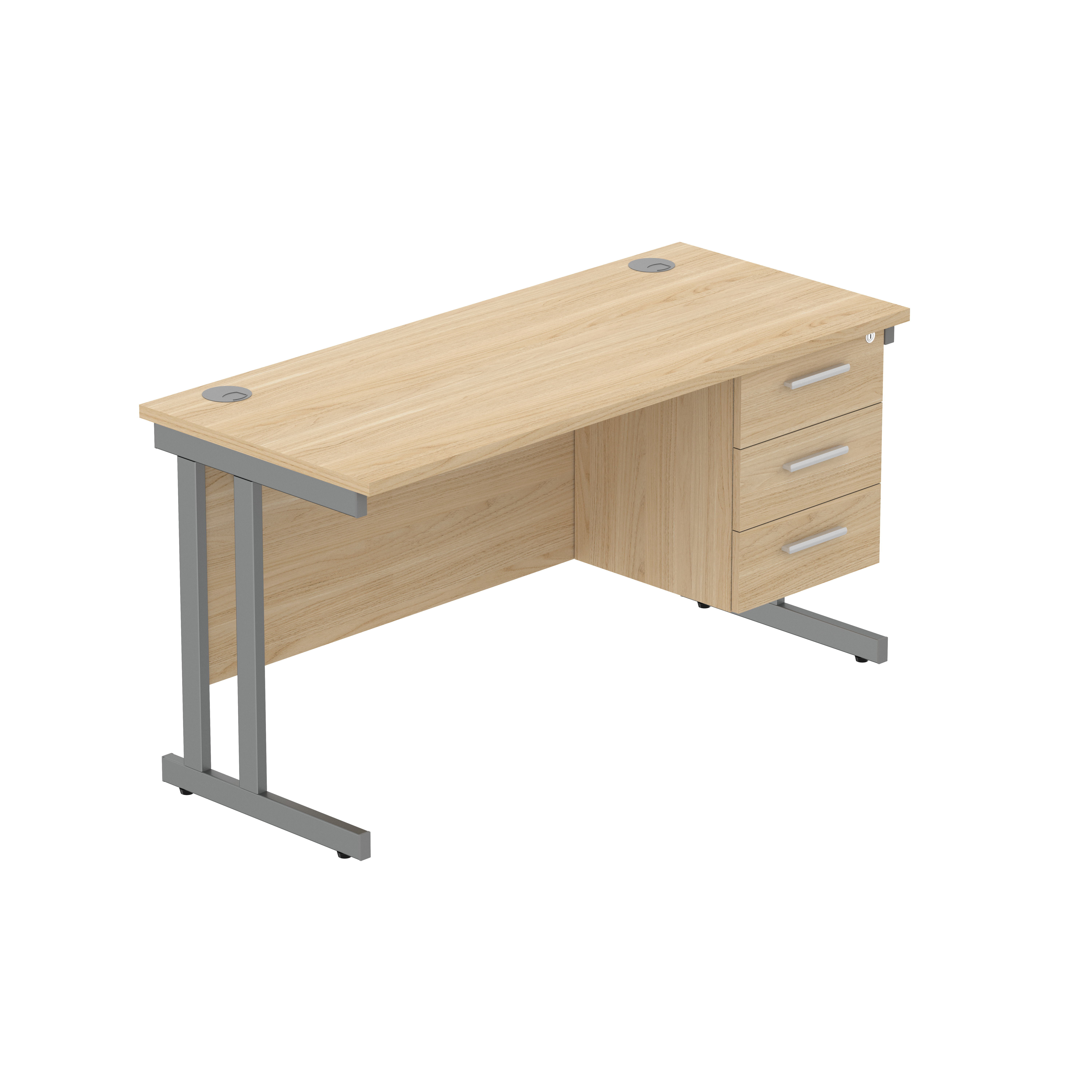 Office Rectangular Desk with Steel Double Upright Cantilever Legs + 3 Drawer Fixed Pedestal (FSC) | 1400X600 | Canadian Oak/Graphite