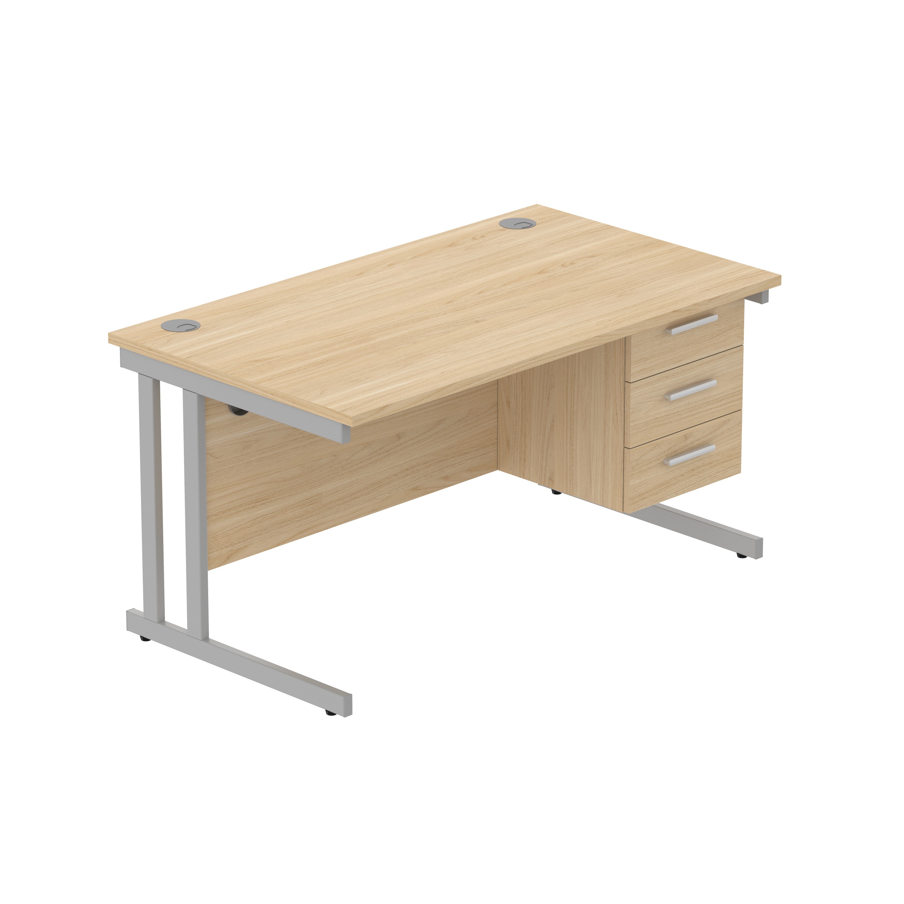 Office Rectangular Desk with Steel Double Upright Cantilever Legs + 3 Drawer Fixed Pedestal (FSC) | 1400X800 | Canadian Oak/Silver