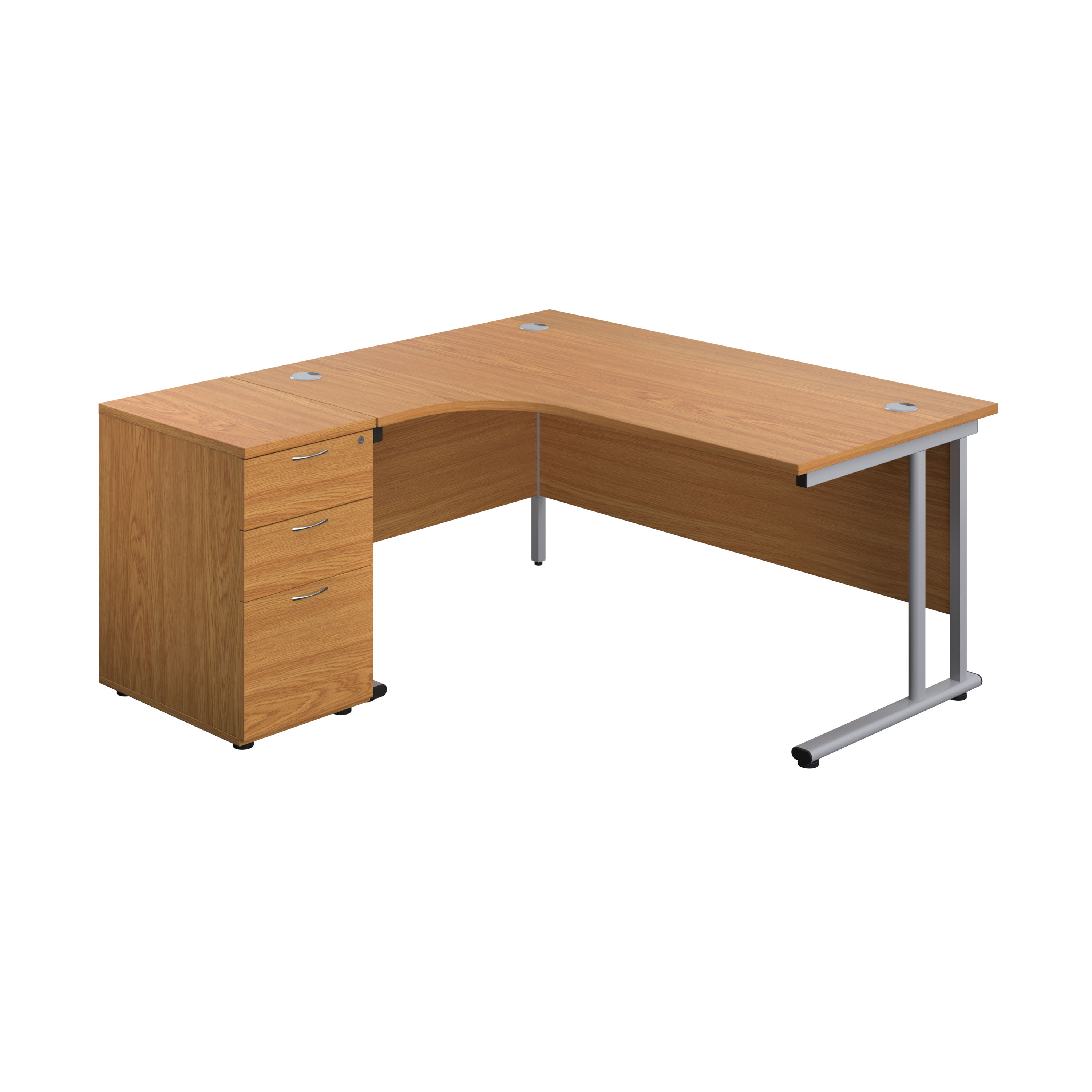 Twin+Upright+Left+Hand+Radial+Desk+%2B+Desk+High+3+Drawer+Pedestal+%28FSC%29+1600X1200+600mm+Deep+Pedestal+Nova+Oak%2FSilver