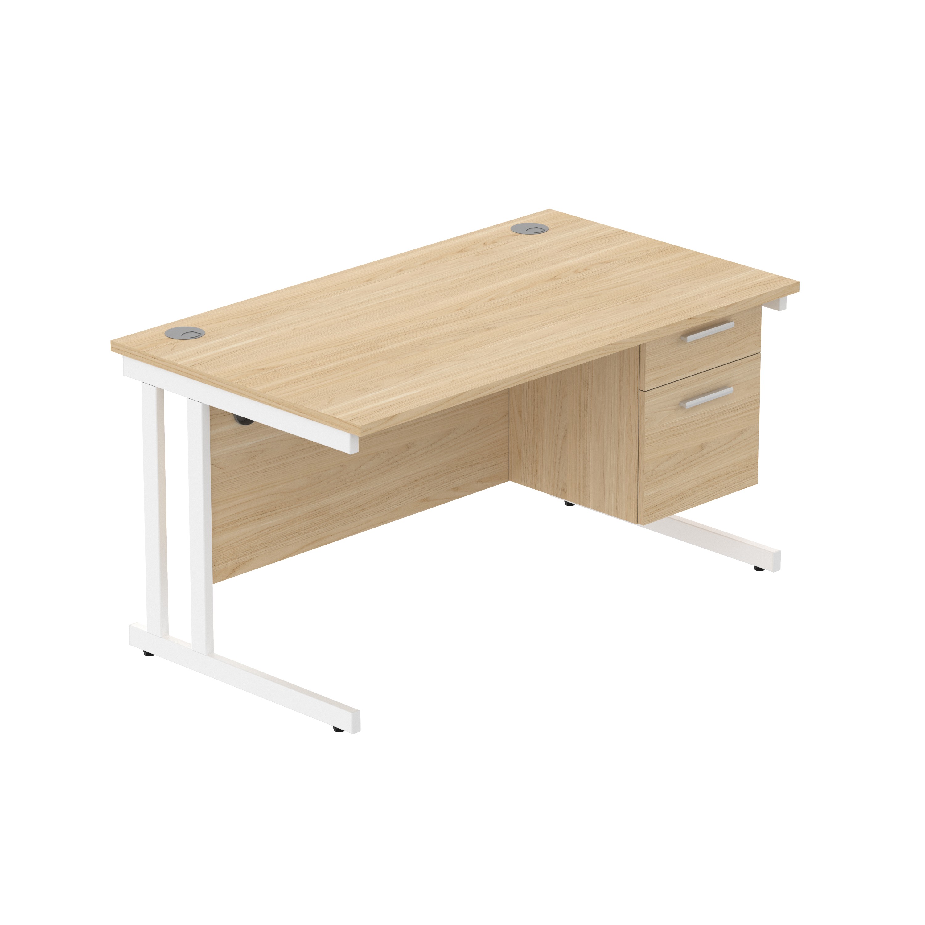 Office Rectangular Desk with Steel Double Upright Cantilever Legs + 2 Drawer Fixed Pedestal (FSC) | 1400X800 | Canadian Oak/White