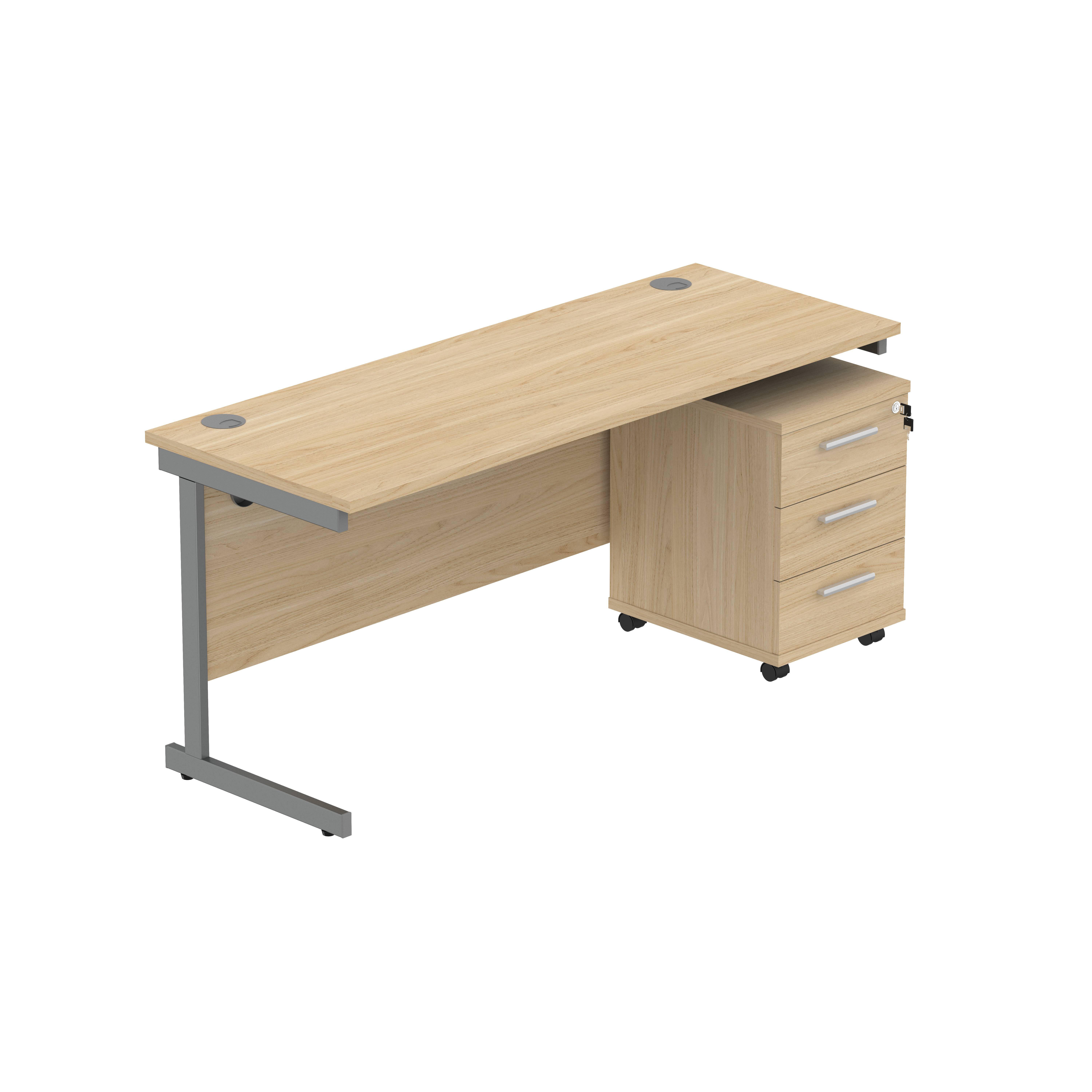 Single Upright Rectangular Desk + 3 Drawer Mobile Under Desk Pedestal (FSC) | 1600 X 600 | Canadian Oak/Graphite