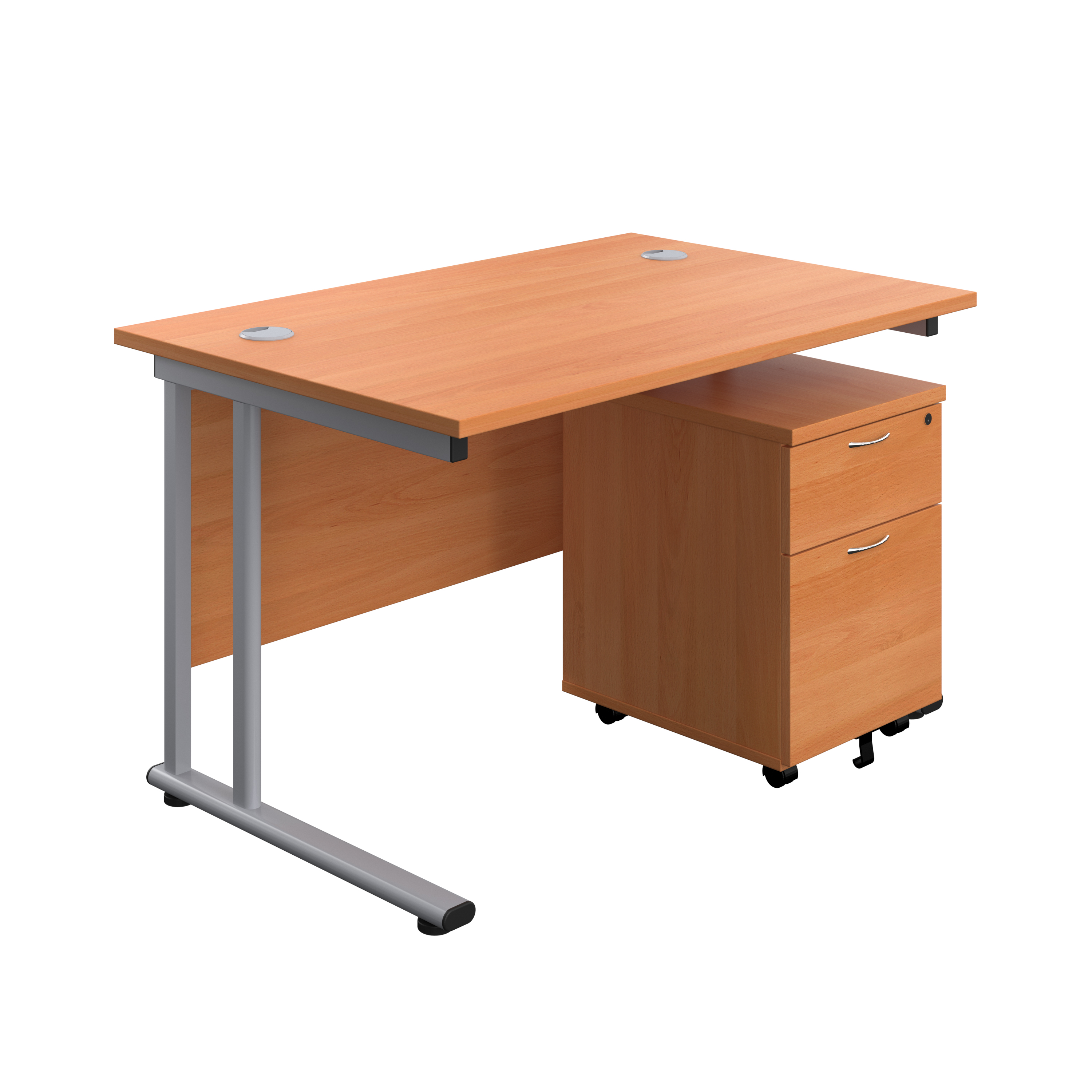 Twin+Upright+Rectangular+Desk+%2B+Mobile+2+Drawer+Pedestal+%28FSC%29+1200X800+Beech%2FSilver