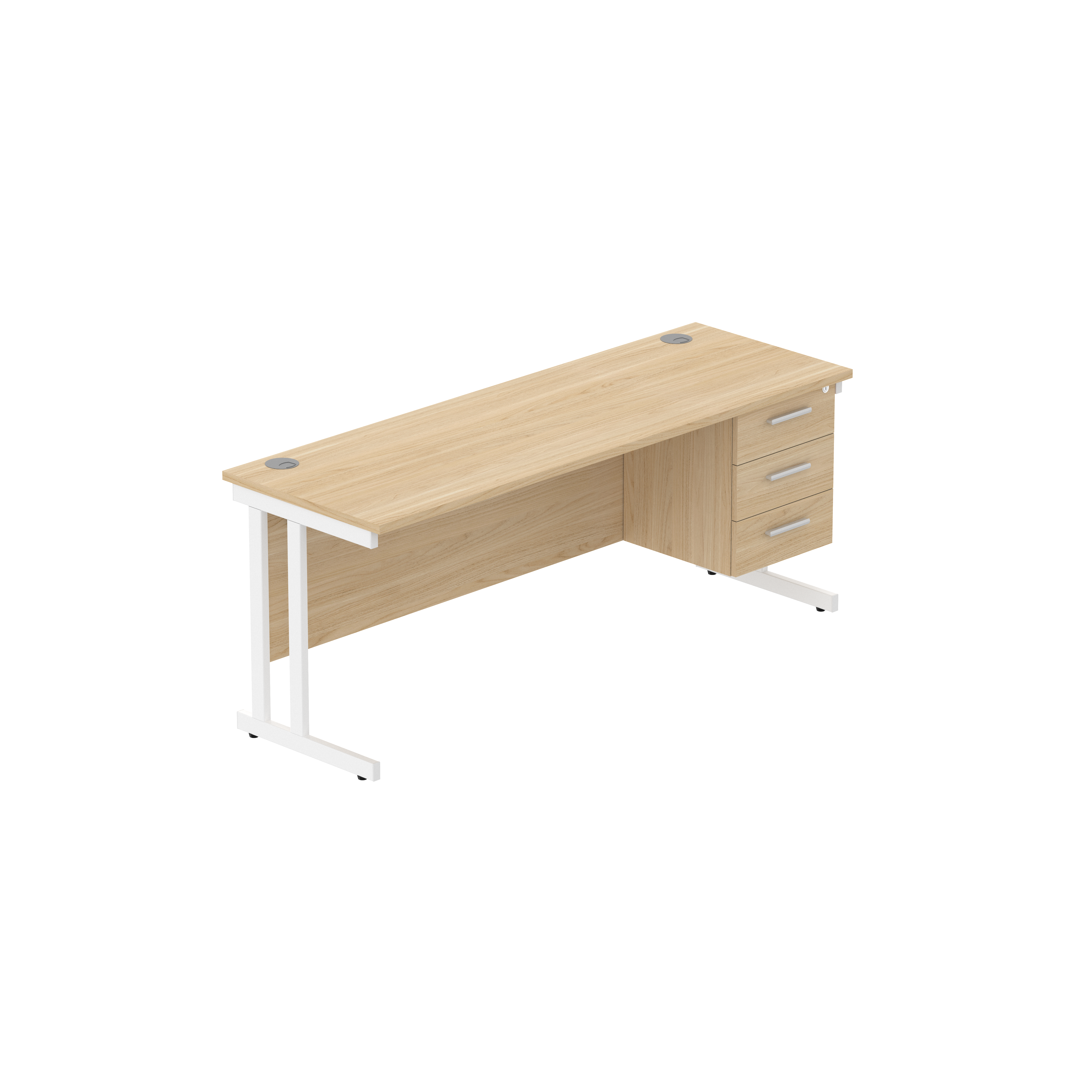 Office Rectangular Desk with Steel Double Upright Cantilever Legs + 3 Drawer Fixed Pedestal (FSC) | 1800X600 | Canadian Oak/White
