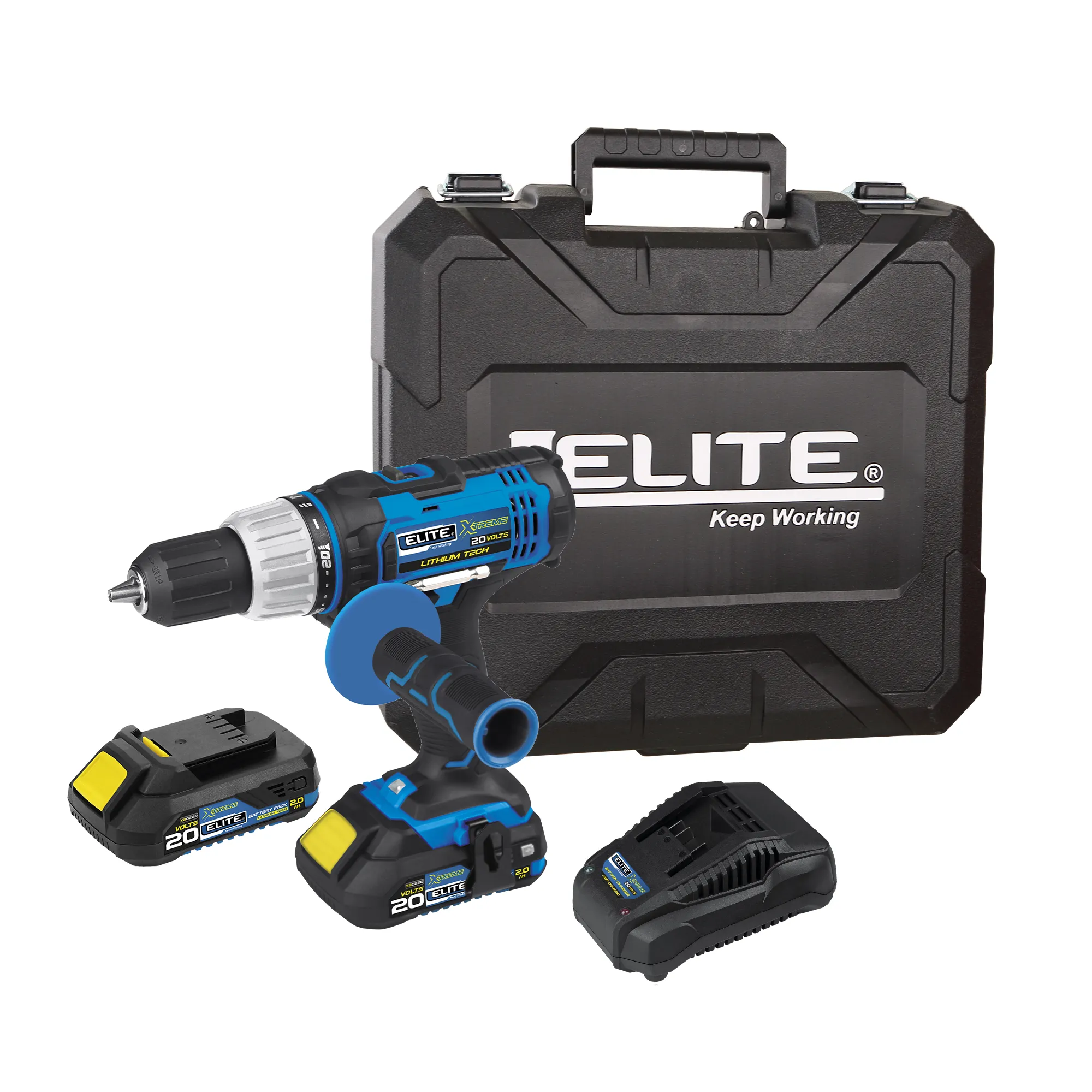 Taladro inalámbrico percutor 20V Mandril 2" - 13mm 1.650RPM ELITE XTREME con 2 Baterías, Cargador, Clip Cinturón, Punta Destornillador y Estuche Plástico
