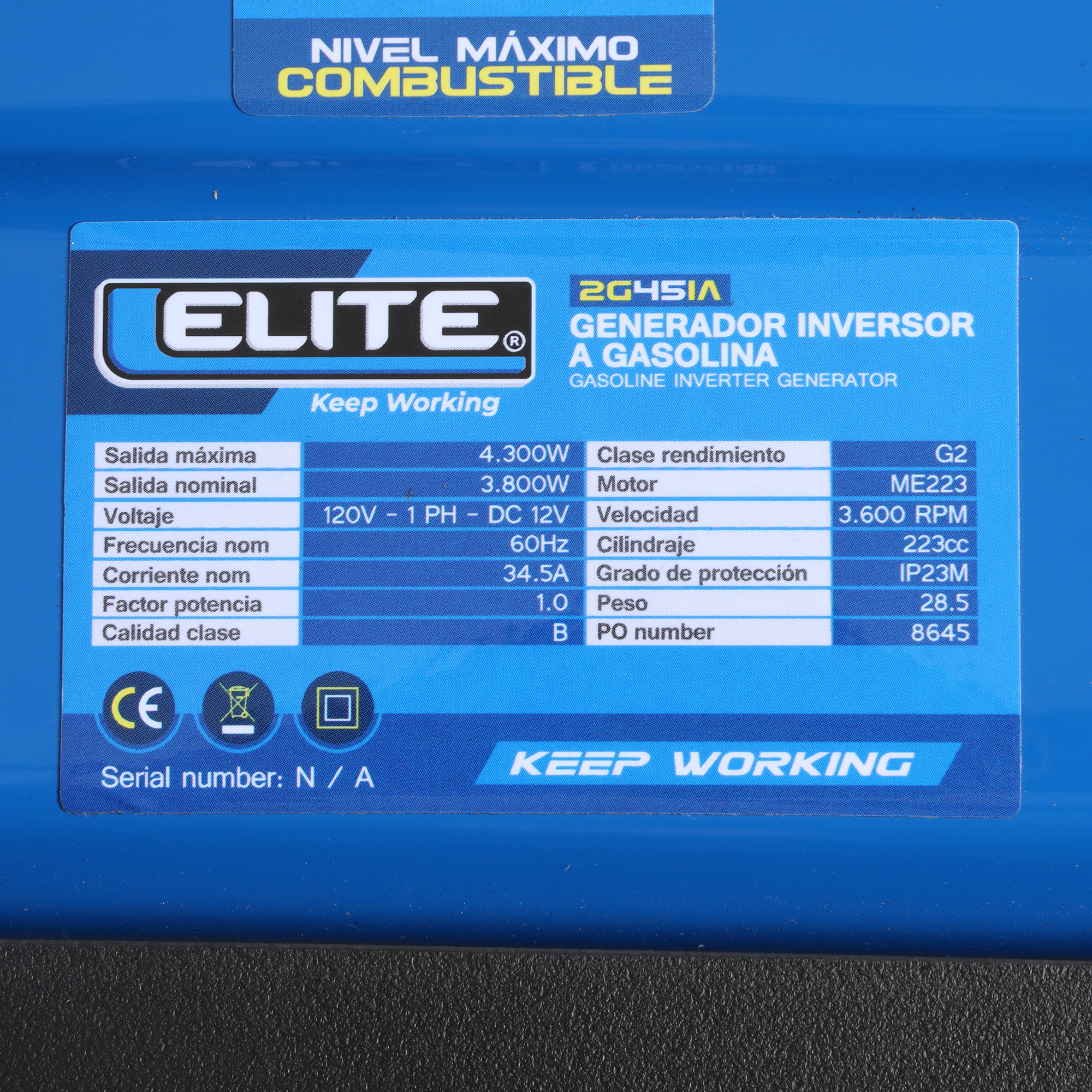 Generador Inverter a Gasolina 4,3 Kw . 110 V - 60 Hz, Arranque Manual