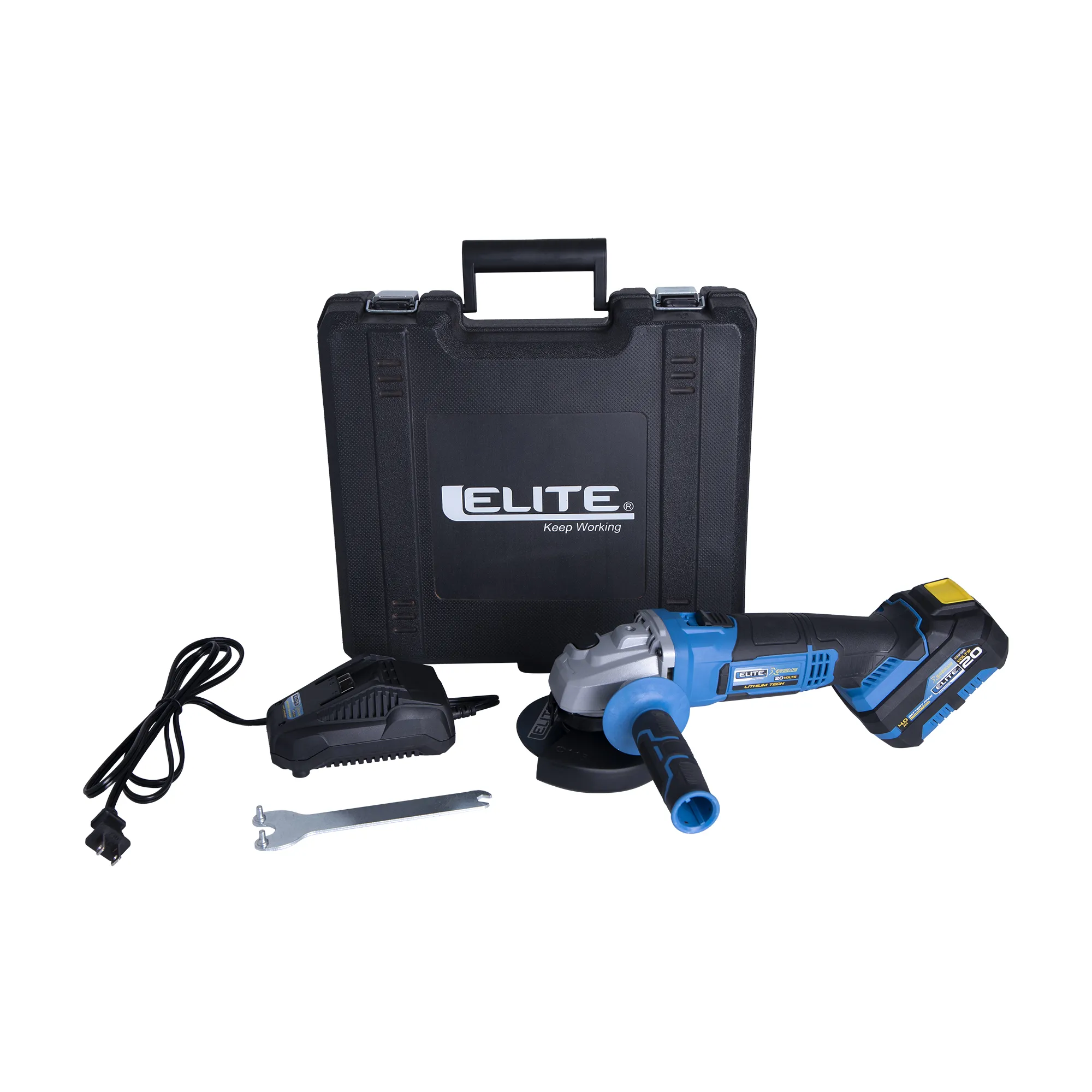 Esmeriladora inalámbrica 4-1/2 pulg, 20V, 10.000 RPM ELITE con Batería, Cargador, Estuche Plástico, Mango Auxiliar, Guarda Disco y Llave de ajuste