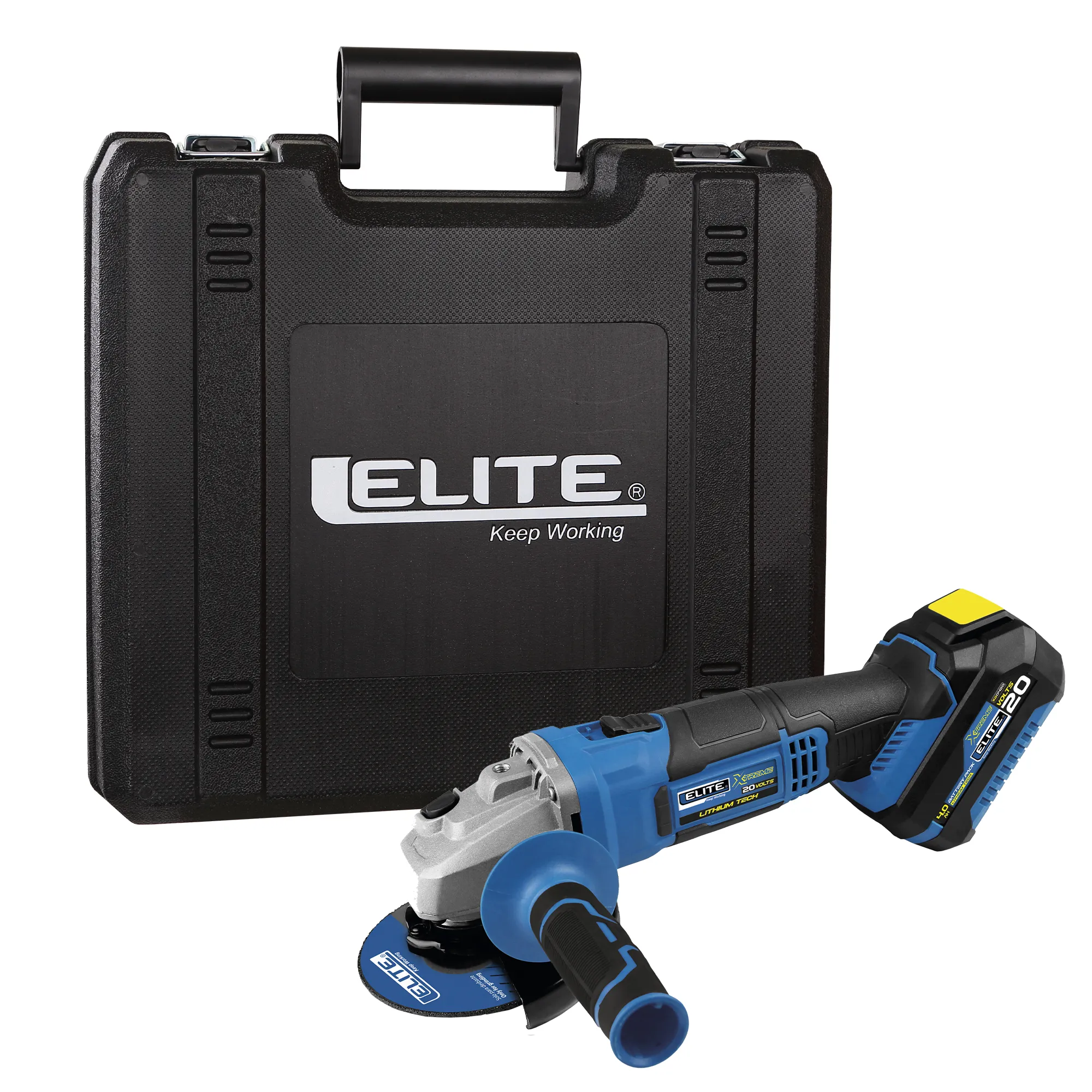 Esmeriladora inalámbrica 4-1/2 pulg, 20V, 10.000 RPM ELITE con Batería, Cargador, Estuche Plástico, Mango Auxiliar, Guarda Disco y Llave de ajuste